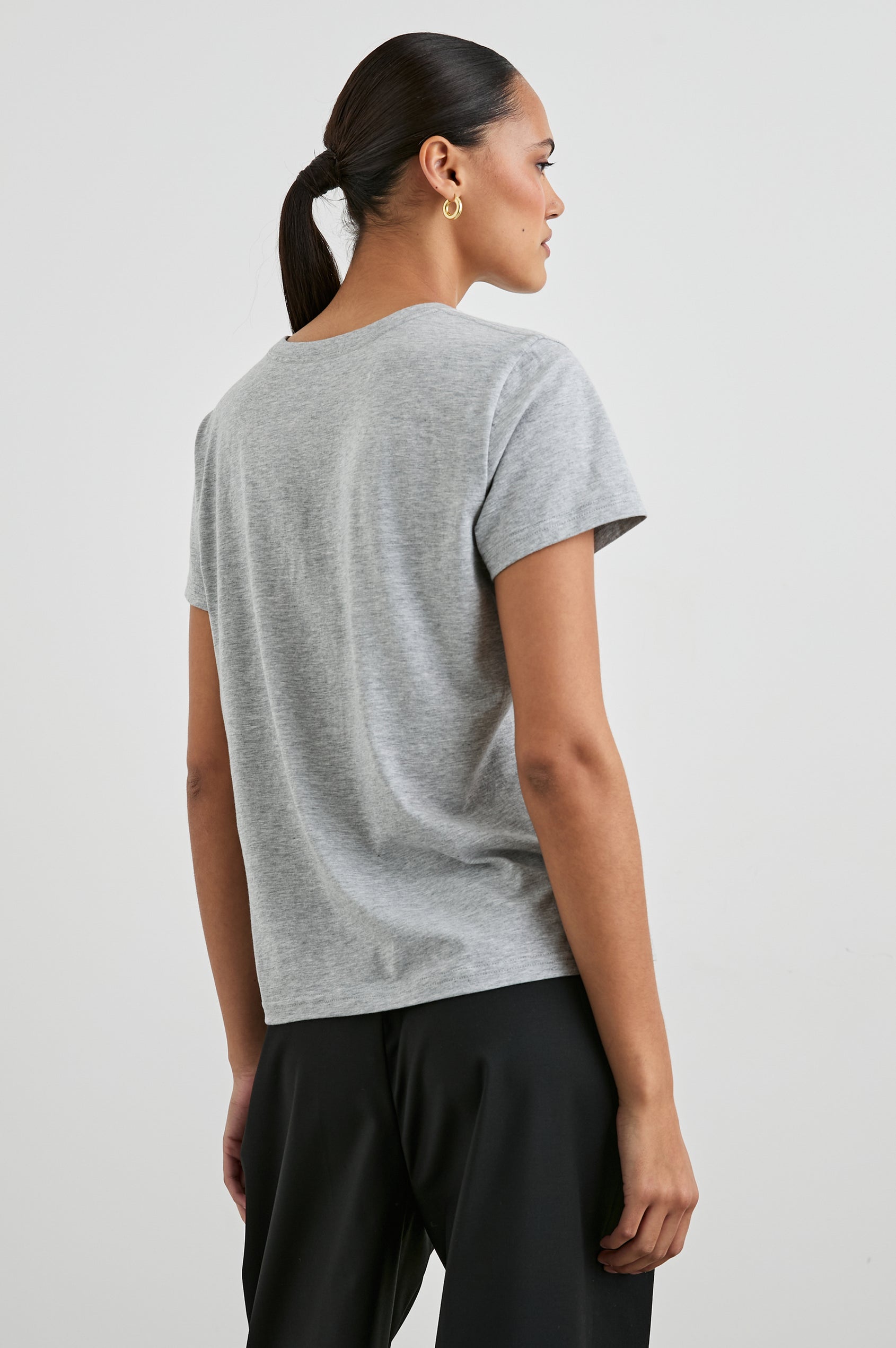 Classic Short Sleeve Crew Neck T-Shirt in Heather Grey Colorway - Back View Featured on Model