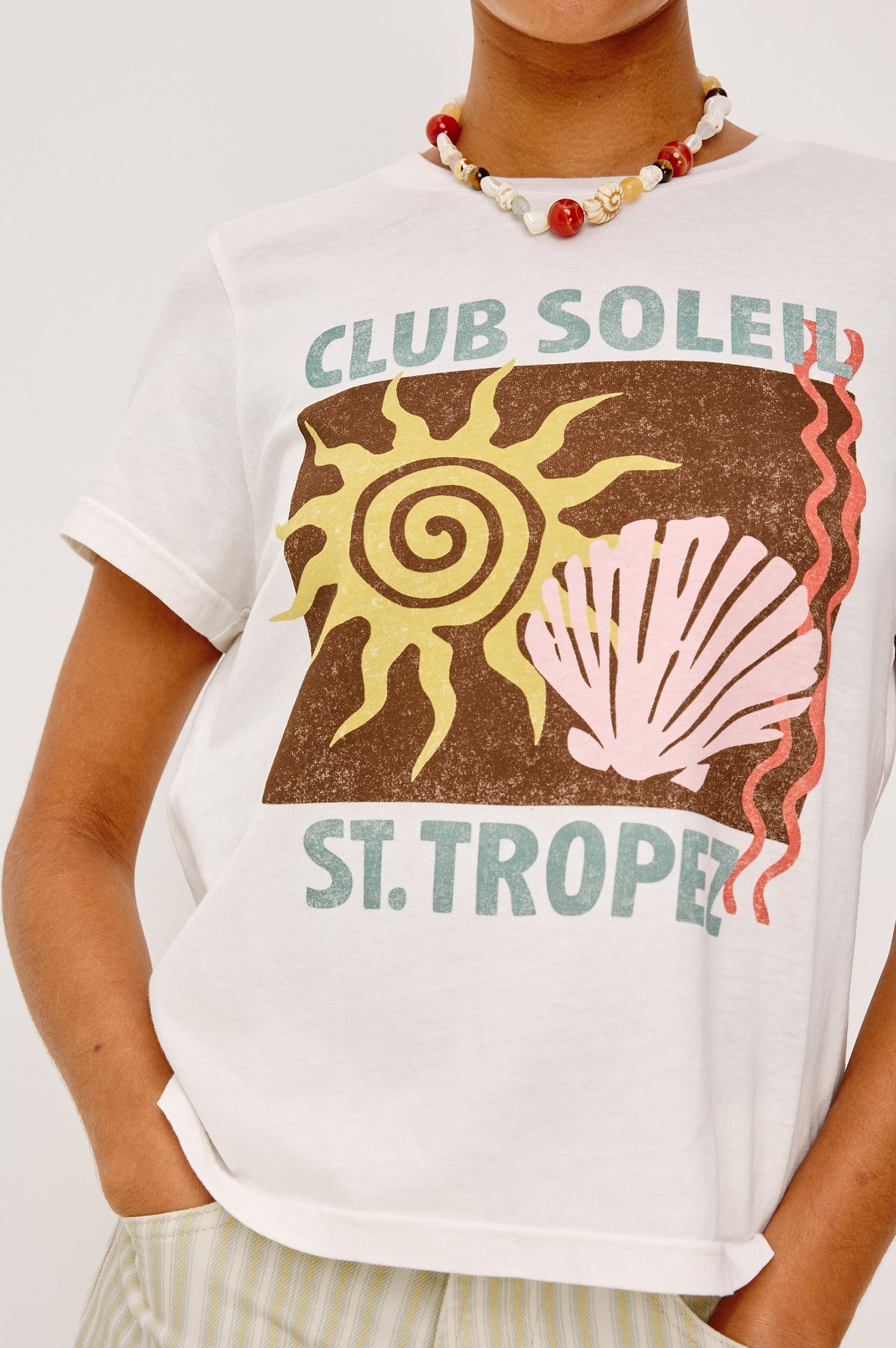 Classic Crew Neck T-Shirt in Pima Cotton With Relaxed Fit and Short Sleeves in St Tropez Colorway - Upper Body Front View Featured on Model