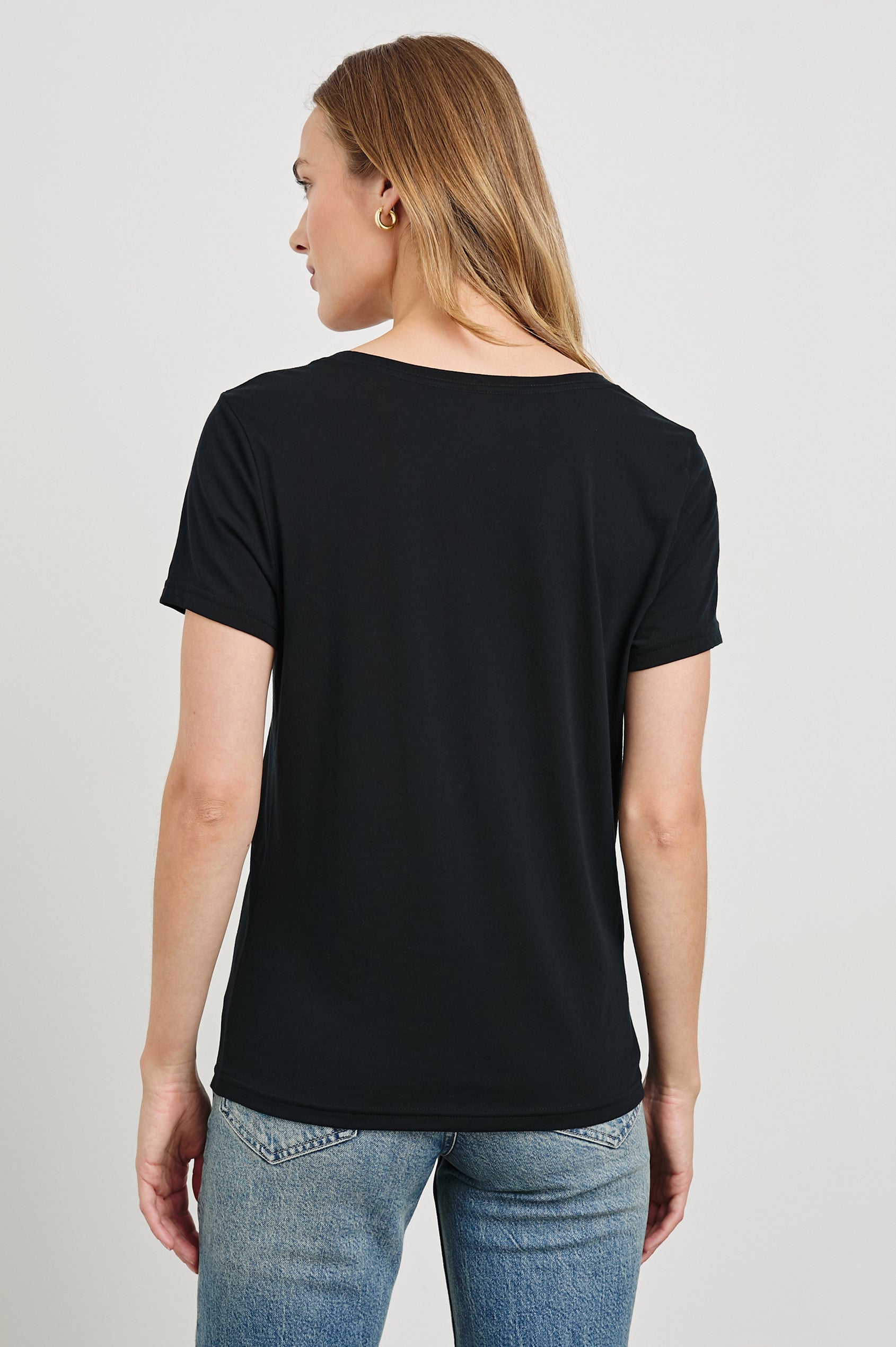 Classic Short Sleeve V Neck T-Shirt in Black Colorway - Back View Featured on Model