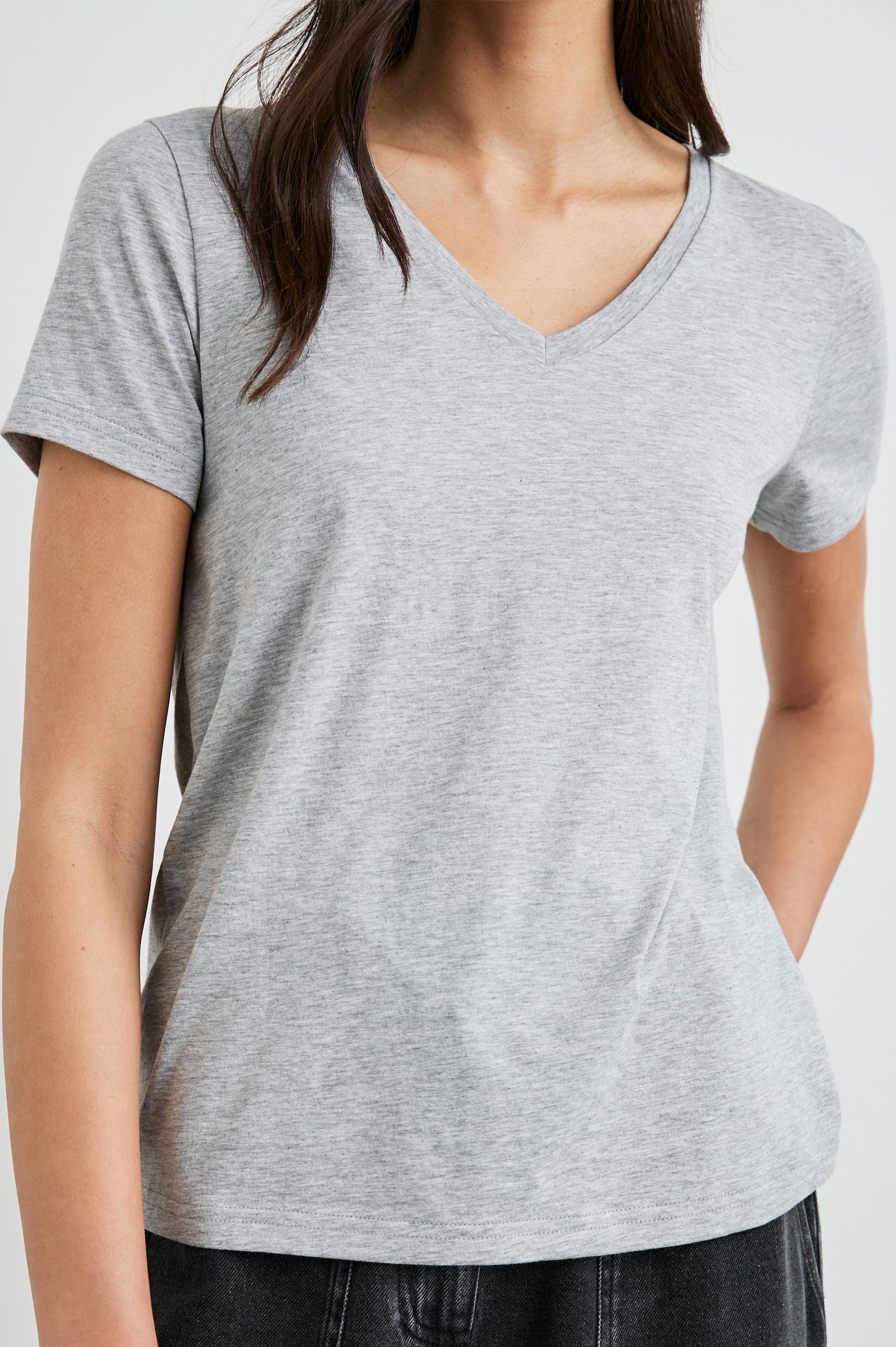 Classic Short Sleeve V Neck T-Shirt in Heather Grey Colorway - Front View Featured on Model