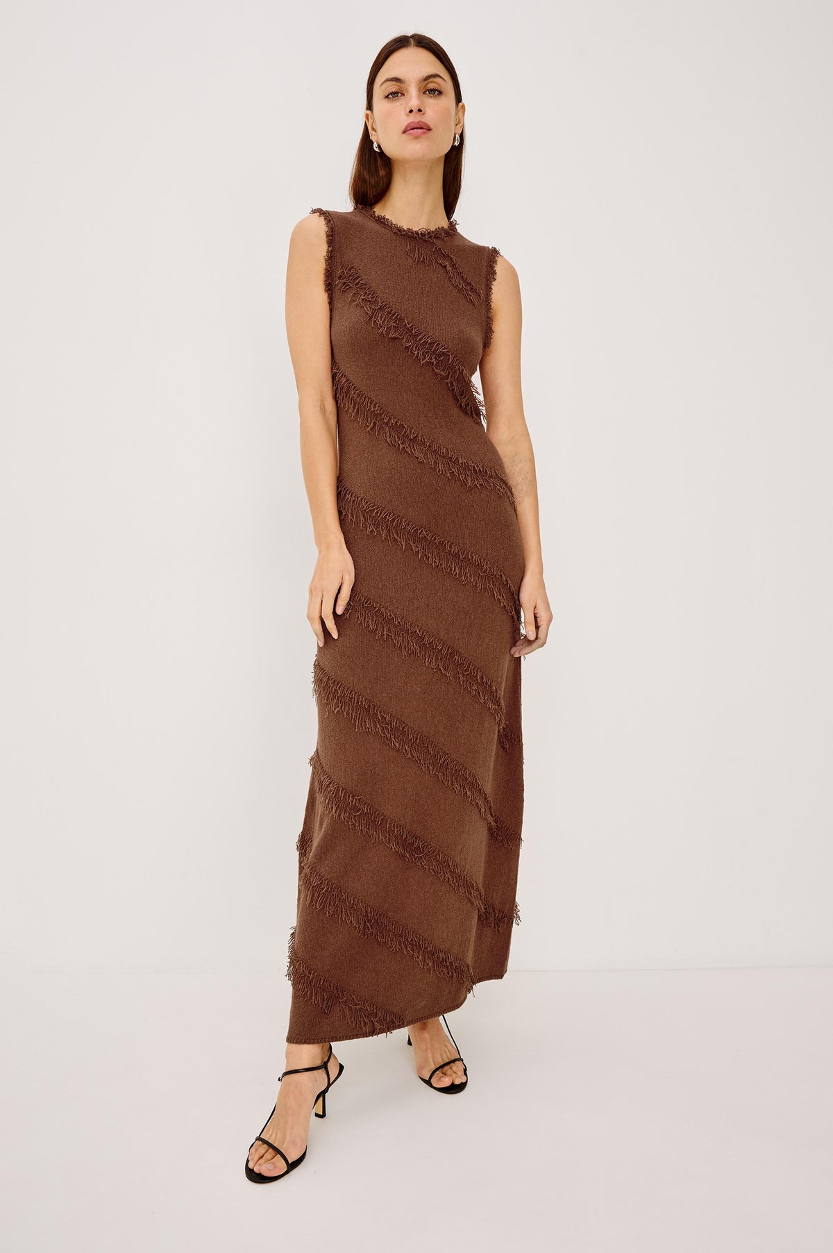 Claudia Maxi Dress in Silk Blend With Diagonal Fringe Trim, Round Neckline, and Straight Hem in Cinnamon Colorway - Full Body Front View Featured on Model