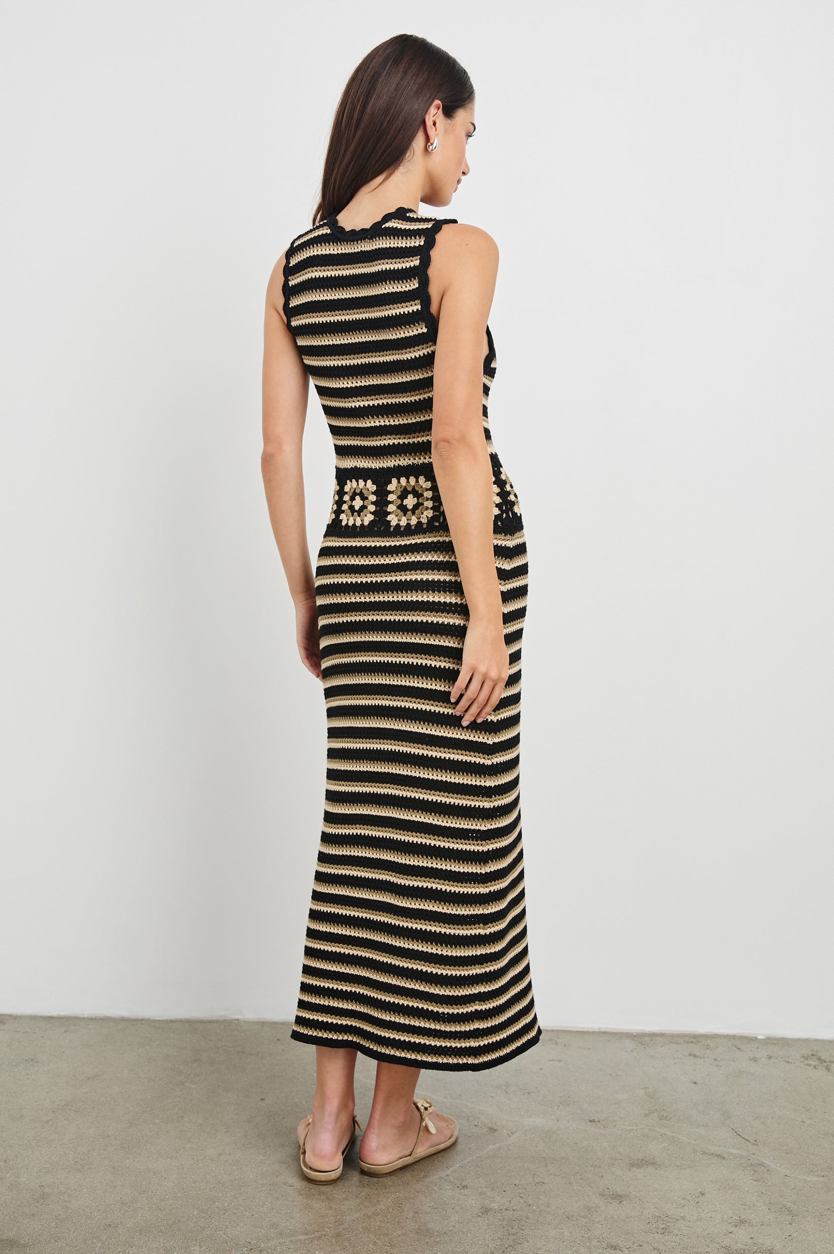 Coco Midi Sleeveless Dress in Brown and Black Milos Crochet Colorway. Full Body Back View Shown on Model.