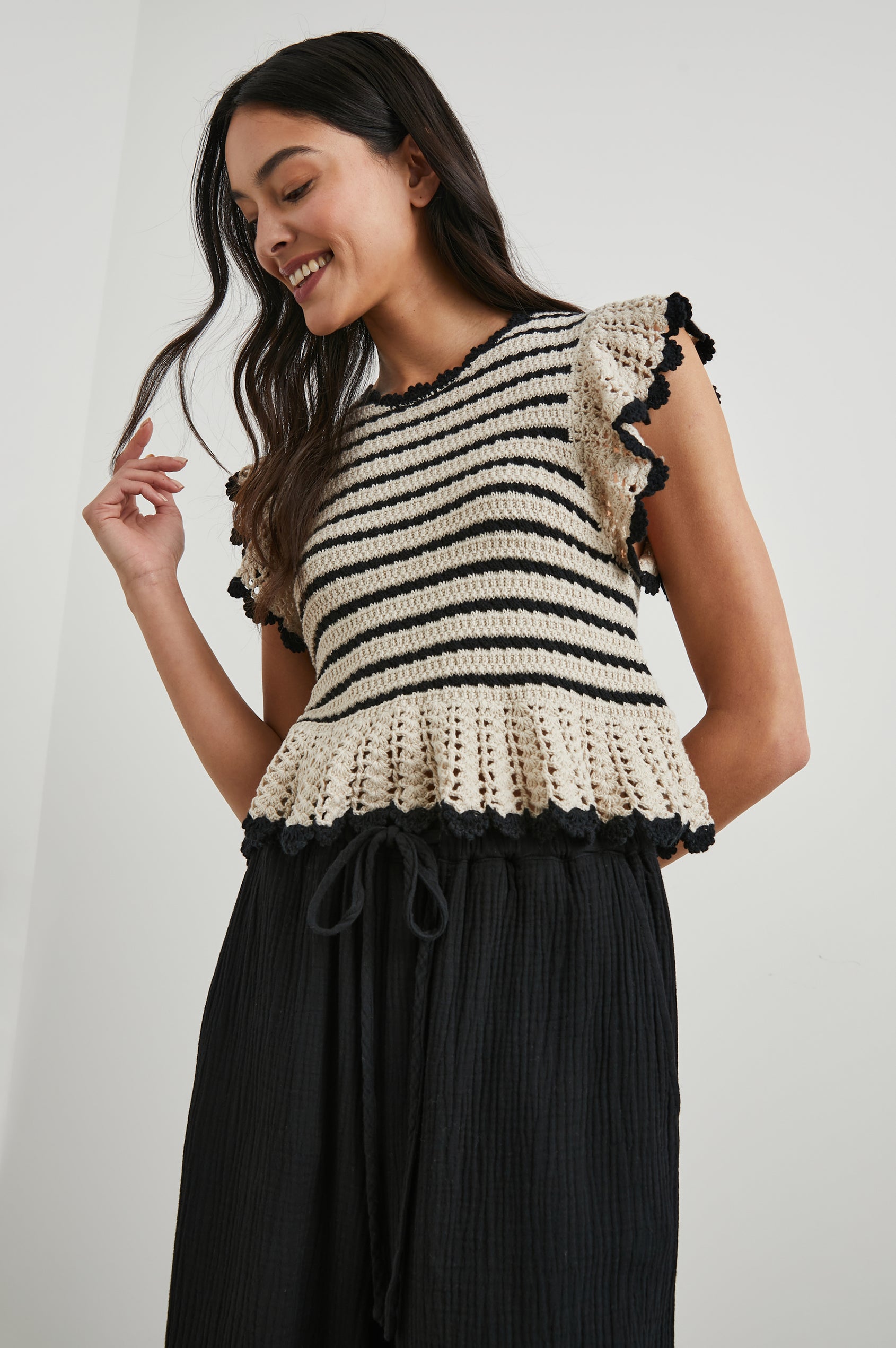Coen Crochet Knit Short-Sleeve Top with Flared Sleeves and a Back Keyhole Tie in Oatmeal Black Stripe Colorway, Horizontal Stripes - Front View Featured on Model
