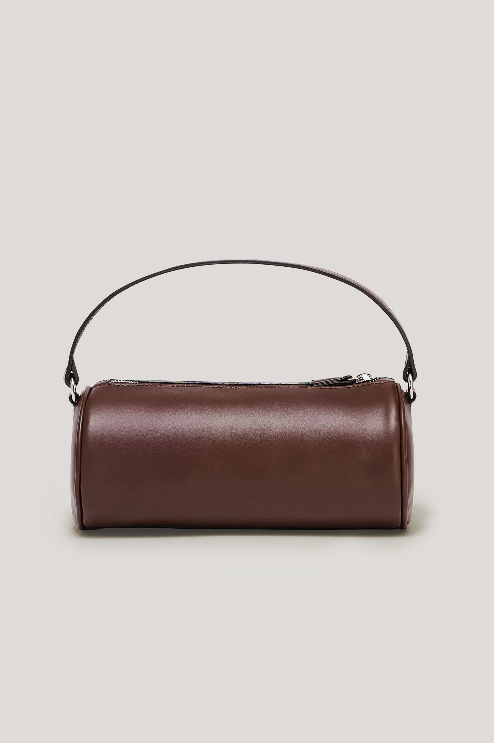 Como Mini Barrel Bag in Italian Leather With Fixed Top Strap, Removable and Adjustable Buckled Crossbody Strap, Top Zipper, Side-Embossed Logo, Branded Interior Label in Espresso Colorway - Front View Featured