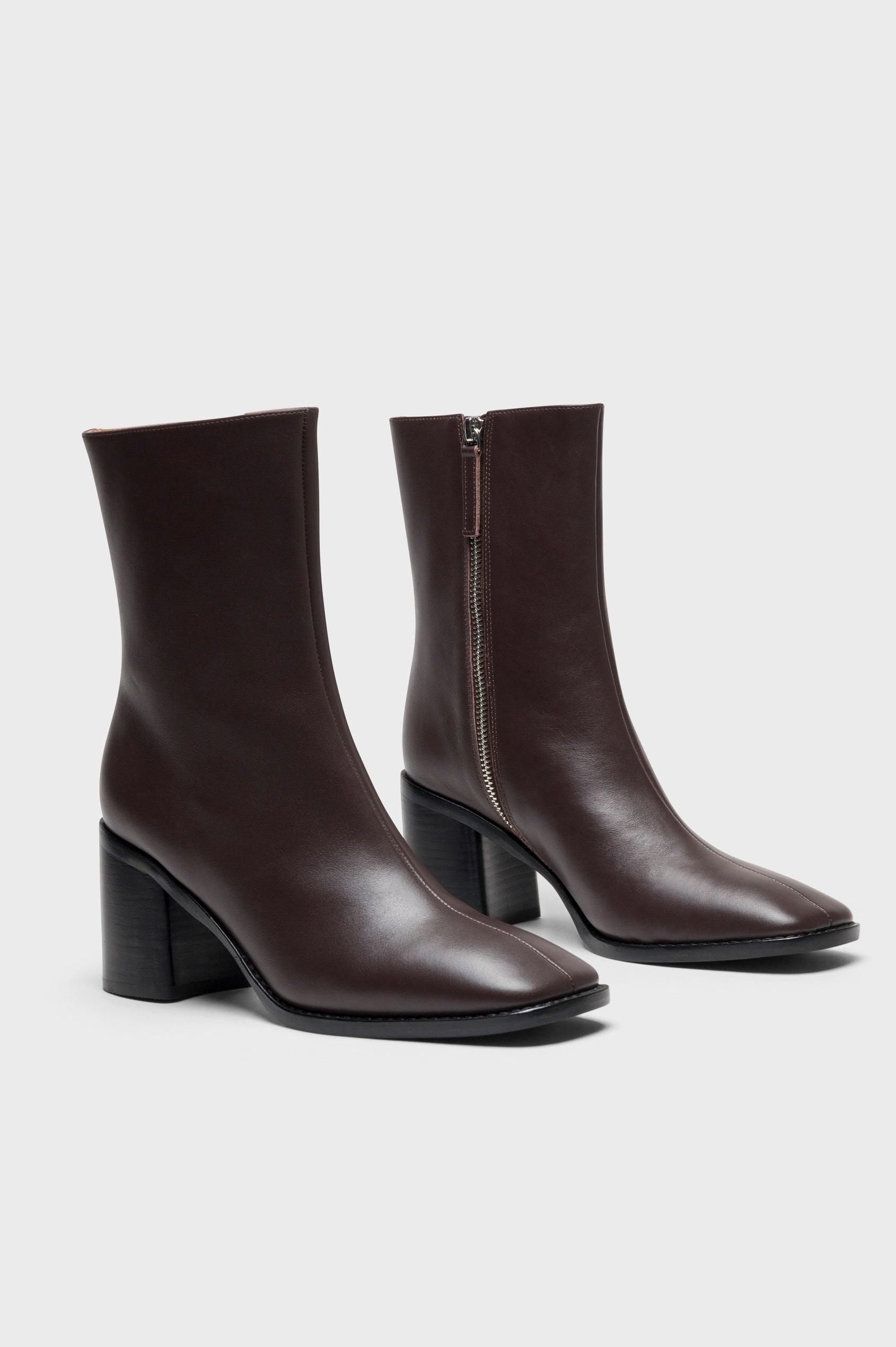 Contour mid length square toe boot with a block heel and side zipper in dark brown Espresso colorway - front view of shoe pair