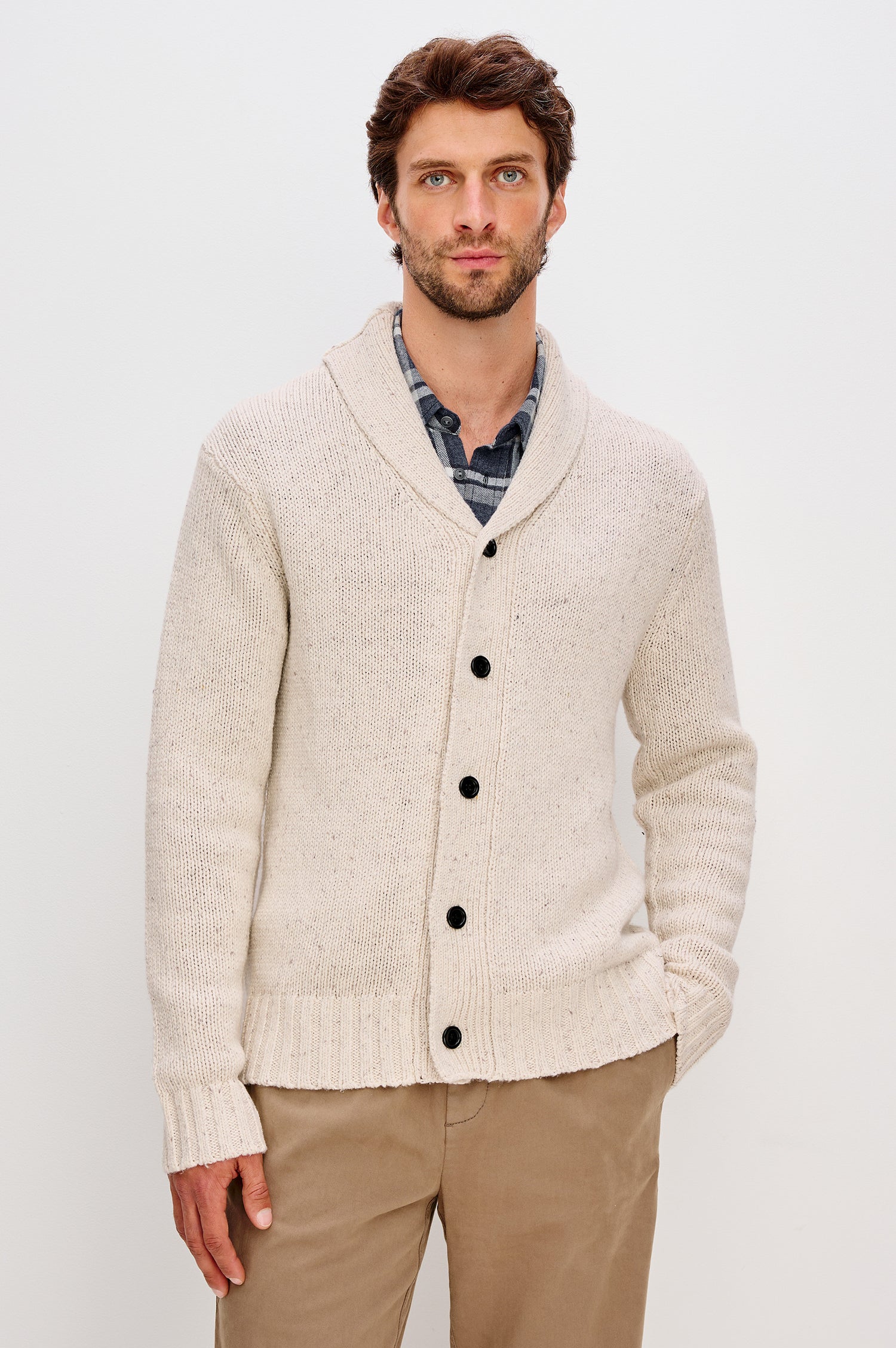 Corden Cardigan in Cotton Blend With Shawl Collar, Front Buttons, Long Sleeves, and Ribbed Trim in Halite Speckle Colorway - Upper Body Front View Featured on Model