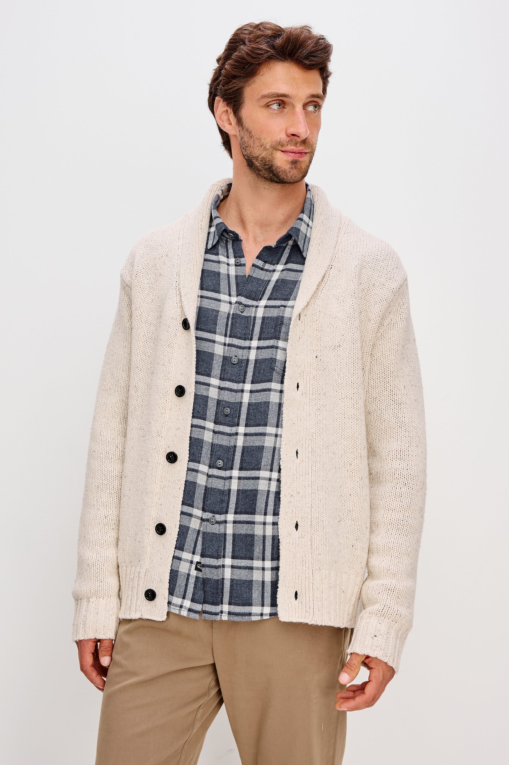 Corden Long-Sleeve Cardigan with Button Closure, a Shawl Collar and Ribbed Trim Halite Speckle - Front View Featured on Model