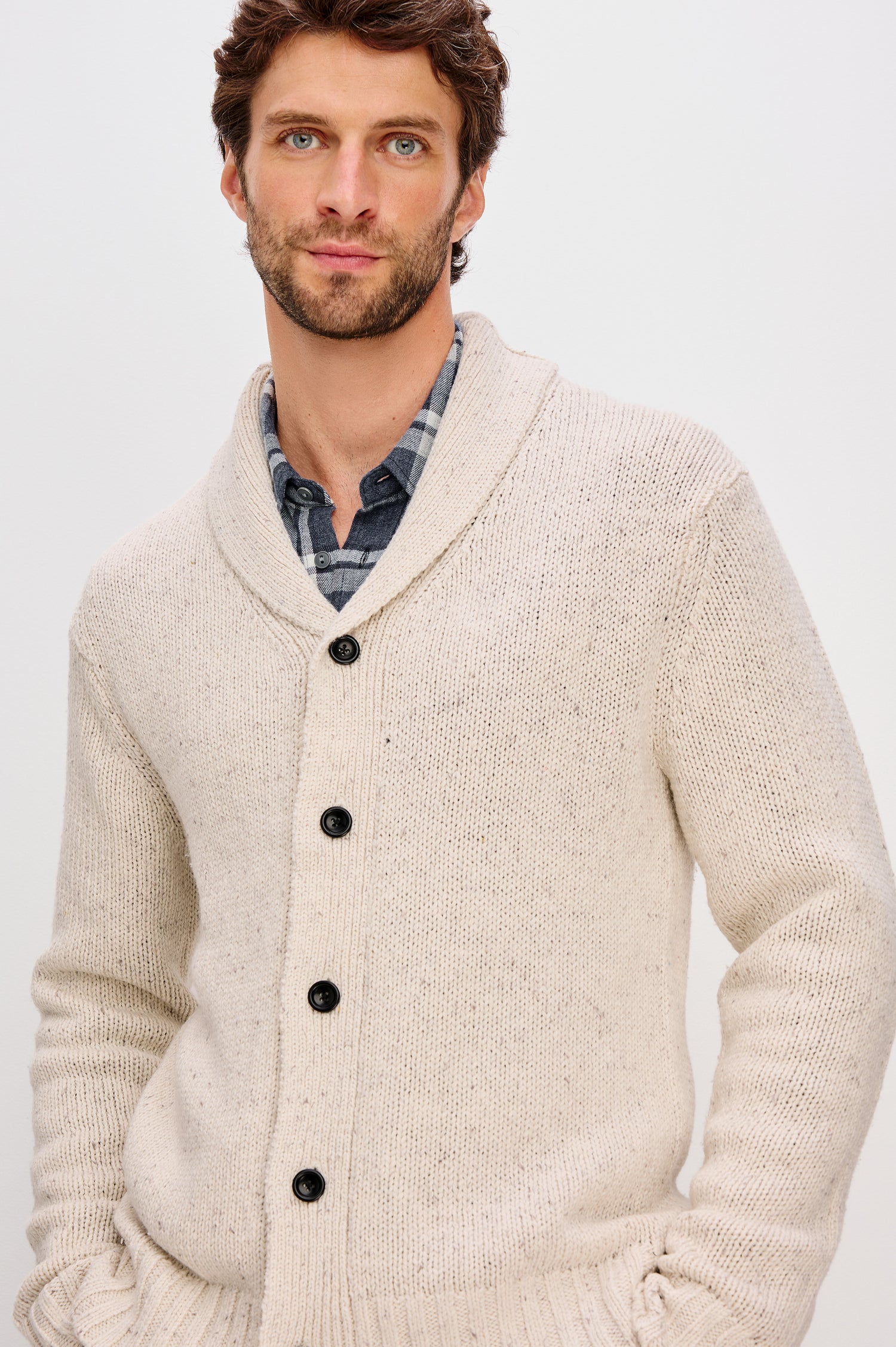 Corden Cardigan in Cotton Blend With Shawl Collar, Front Buttons, Long Sleeves, and Ribbed Trim in Halite Speckle Colorway - Upper Body Front Close Up View Featured on Model