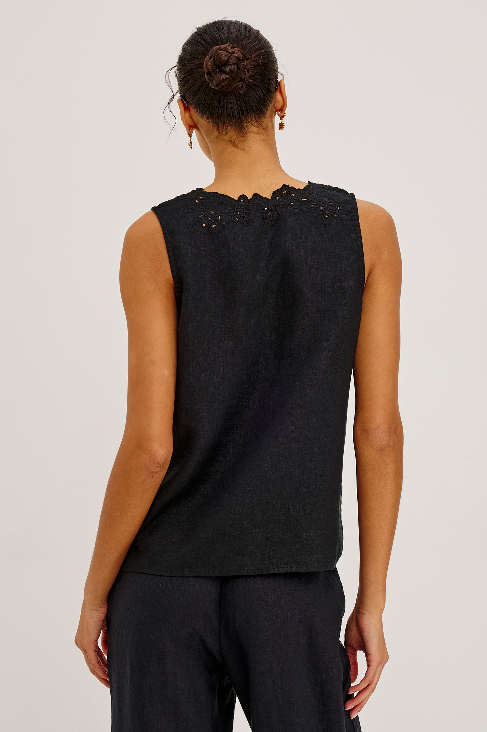 Cornelia Sleeveless Top in Heavy Linen With Embroidered Deep V-Neckline and Keyhole Self-Ties in Black Colorway - Upper Body Back View Featured on Model