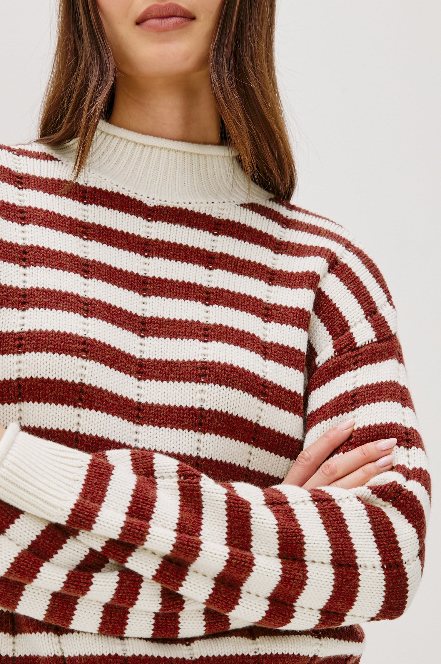 Corrine Long-Sleeve Sweater with Ribbed Trim and a Mock Neck in Ivory Russet Stripe Colorway, Horizontal Stripes - Close up View Featured on Model