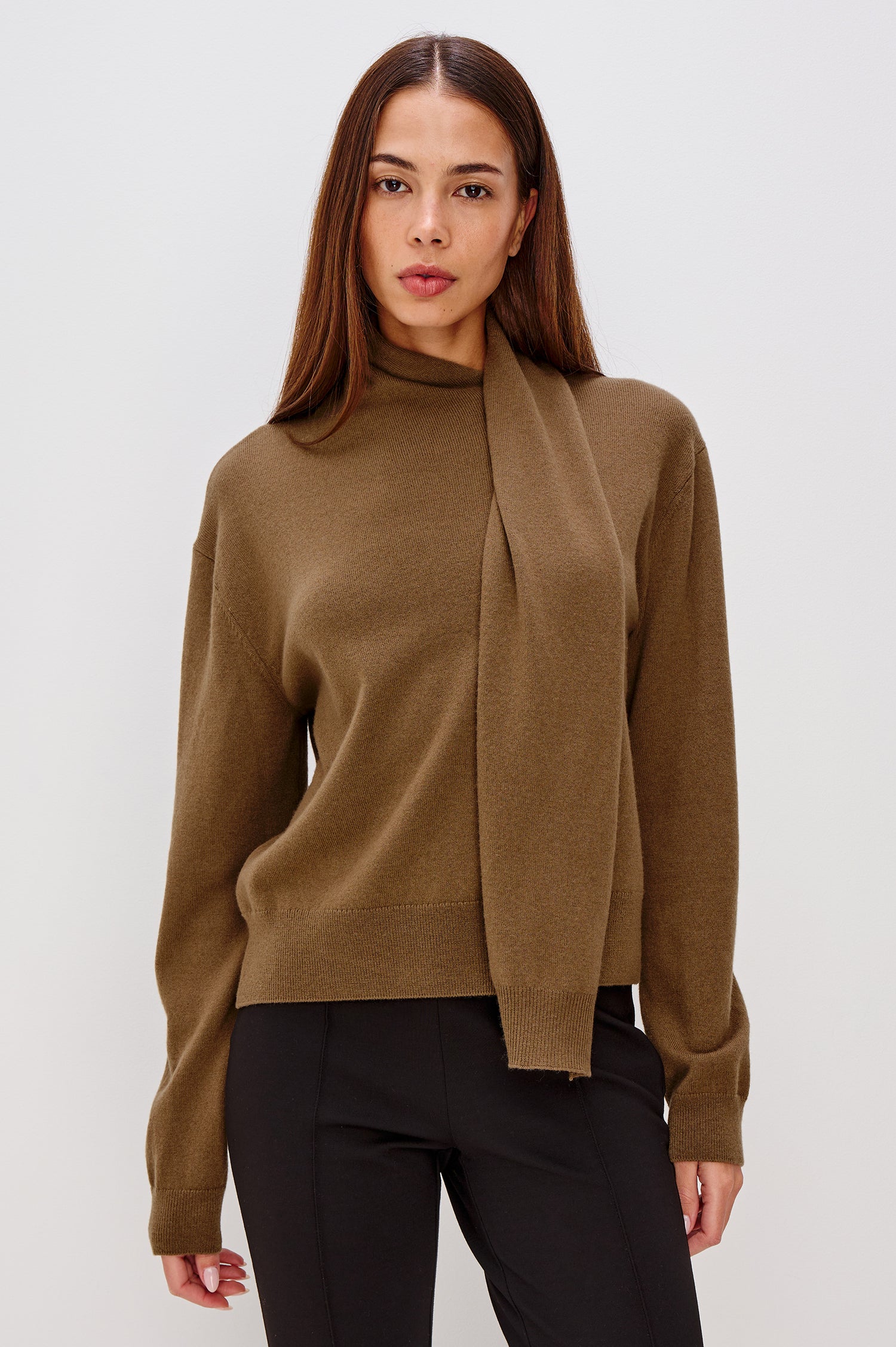 Cortina Wool Cashmere Blend Sweater with an Attached Self-Tie Scarf, Relaxed Fit With Dropped Shoulders, Long Sleeves, and Ribbed Trim - Close Up Front View Featured on Model