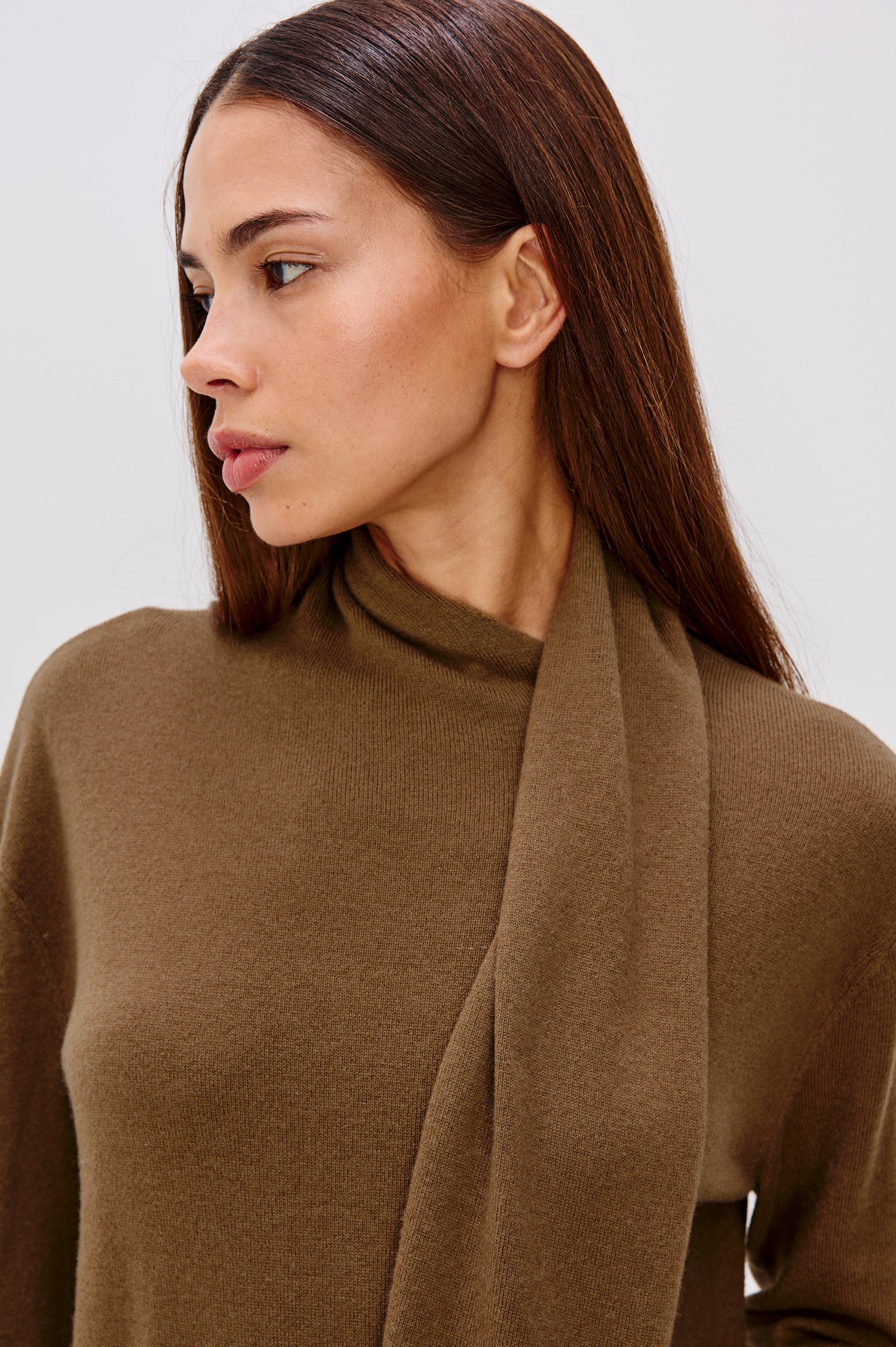 Cortina Wool Cashmere Blend Sweater with an Attached Self-Tie Scarf, Relaxed Fit With Dropped Shoulders, Long Sleeves, and Ribbed Trim - Close Up Front View Featured on Model