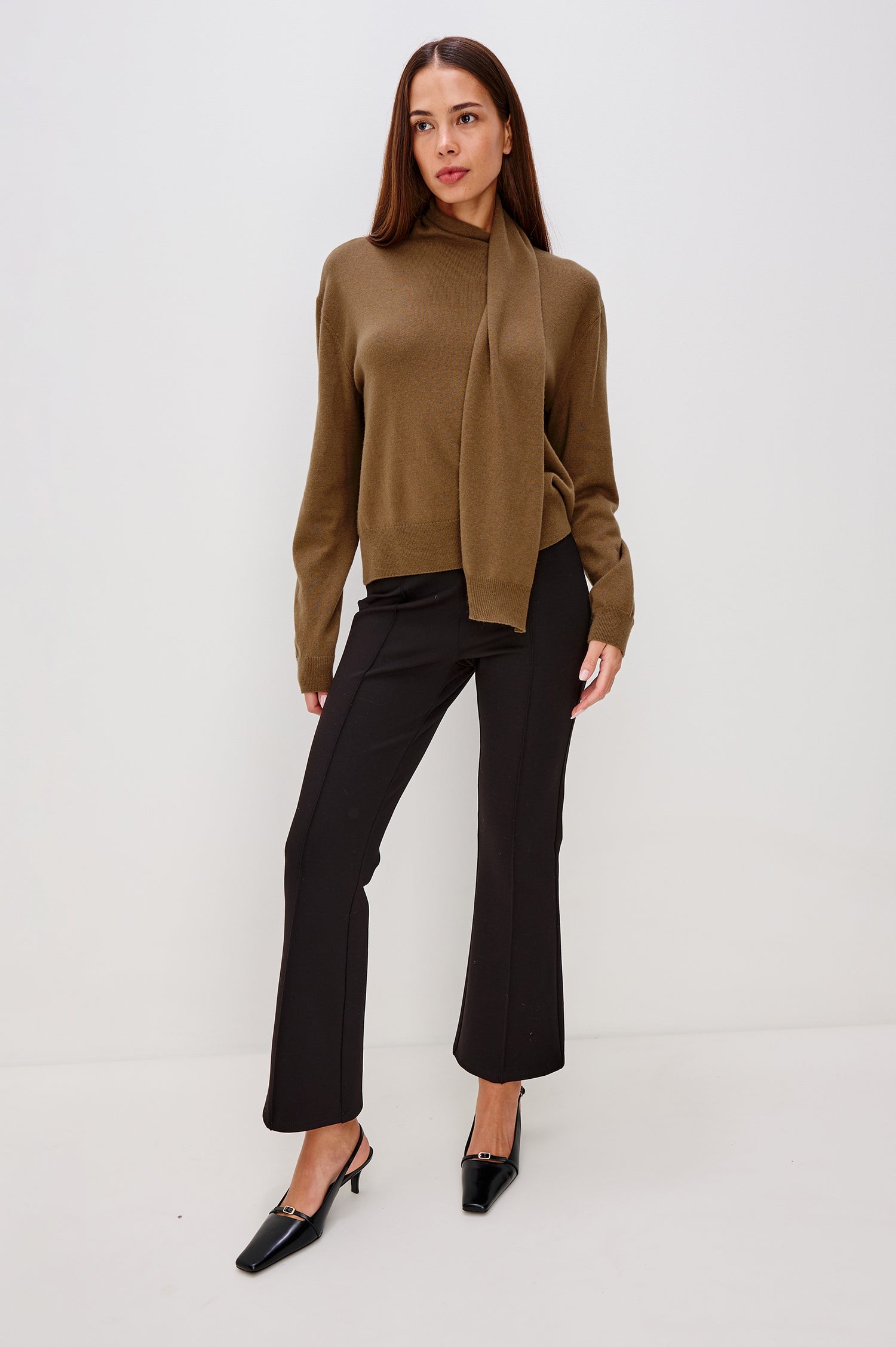 Cortina Wool Cashmere Blend Sweater with an Attached Self-Tie Scarf, Relaxed Fit With Dropped Shoulders, Long Sleeves, and Ribbed Trim - Full Body Front View Featured on Model