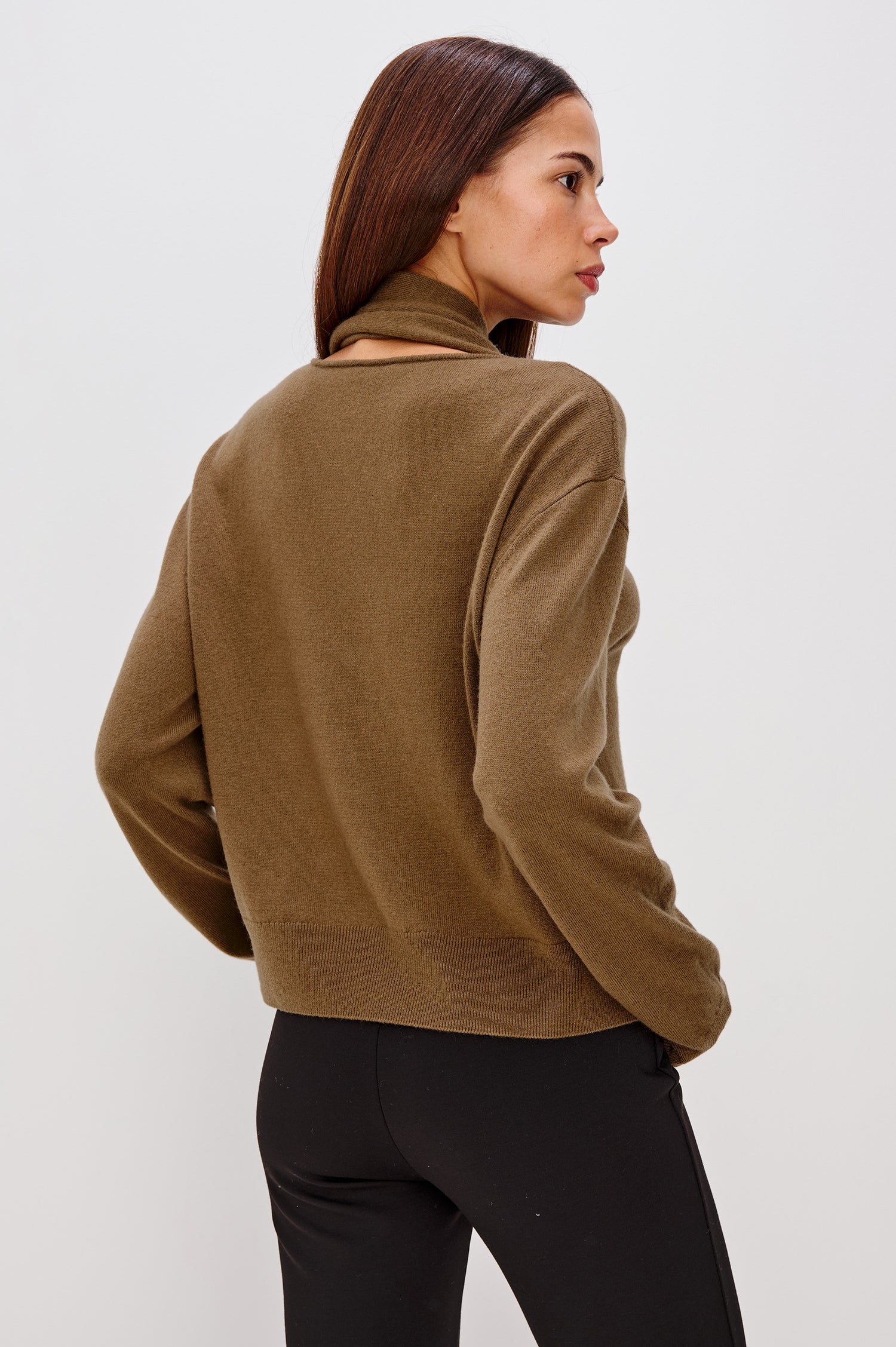 Cortina Wool Cashmere Blend Sweater with an Attached Self-Tie Scarf, Relaxed Fit With Dropped Shoulders, Long Sleeves, and Ribbed Trim - Full Body Front View Featured on Model