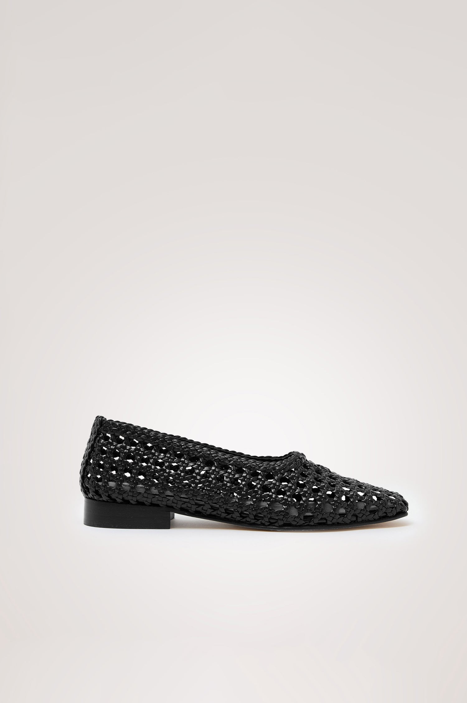 Cortona Ballet Flat in Woven Leather With Square Toe in Black Colorway - Side View Featured