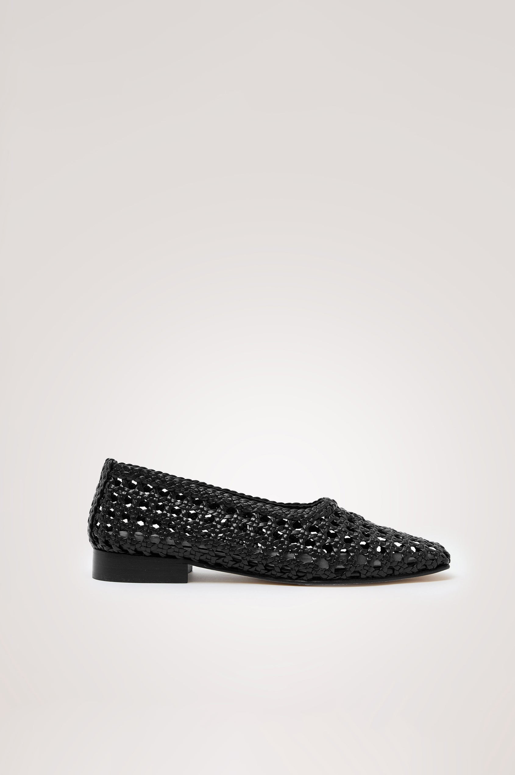 Cortona Ballet Flat in Woven Leather With Square Toe in Black Colorway - Side View Featured