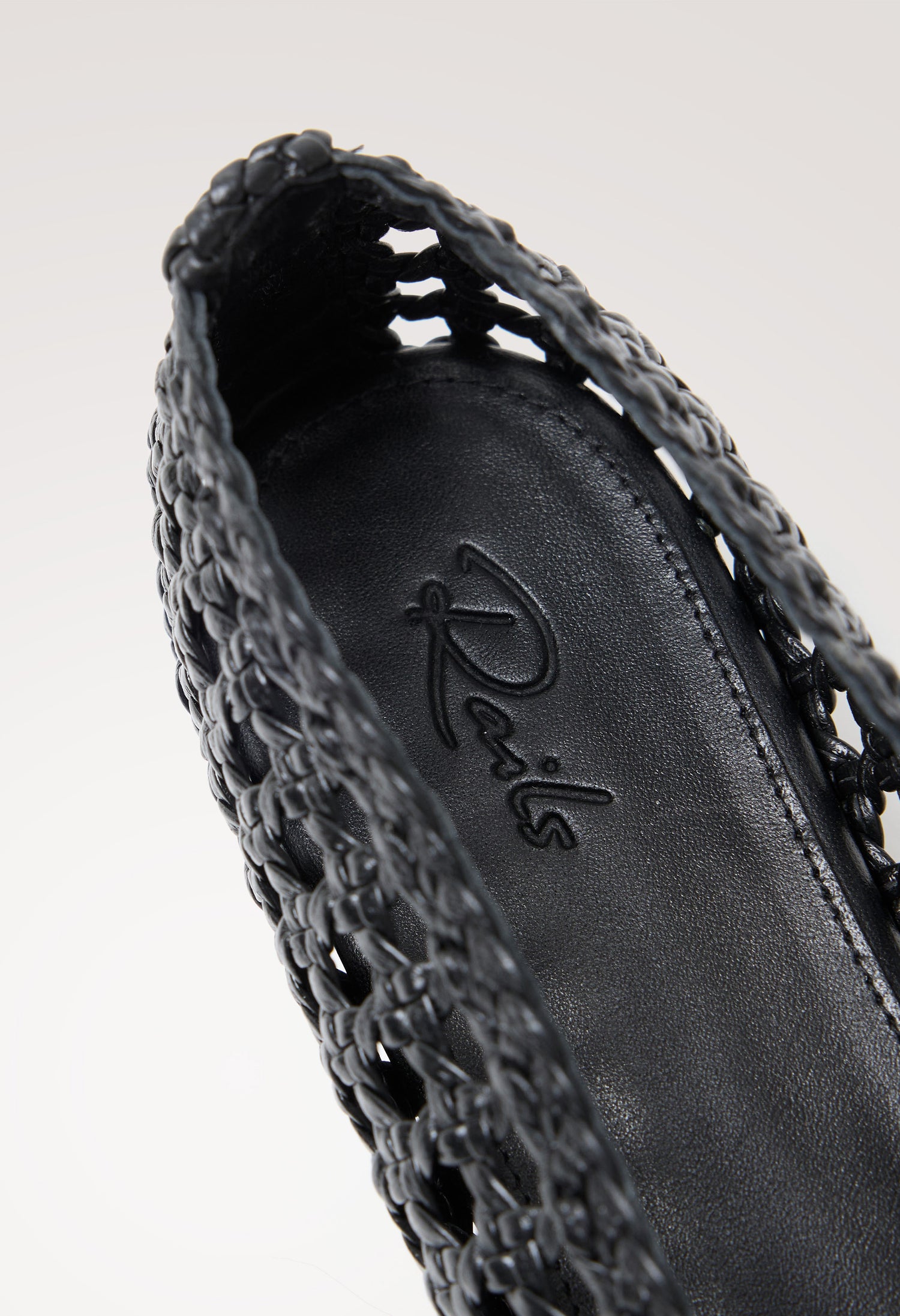 Cortona Ballet Flat in Woven Leather With Square Toe in Black Colorway - Interior Branded Detail View Featured