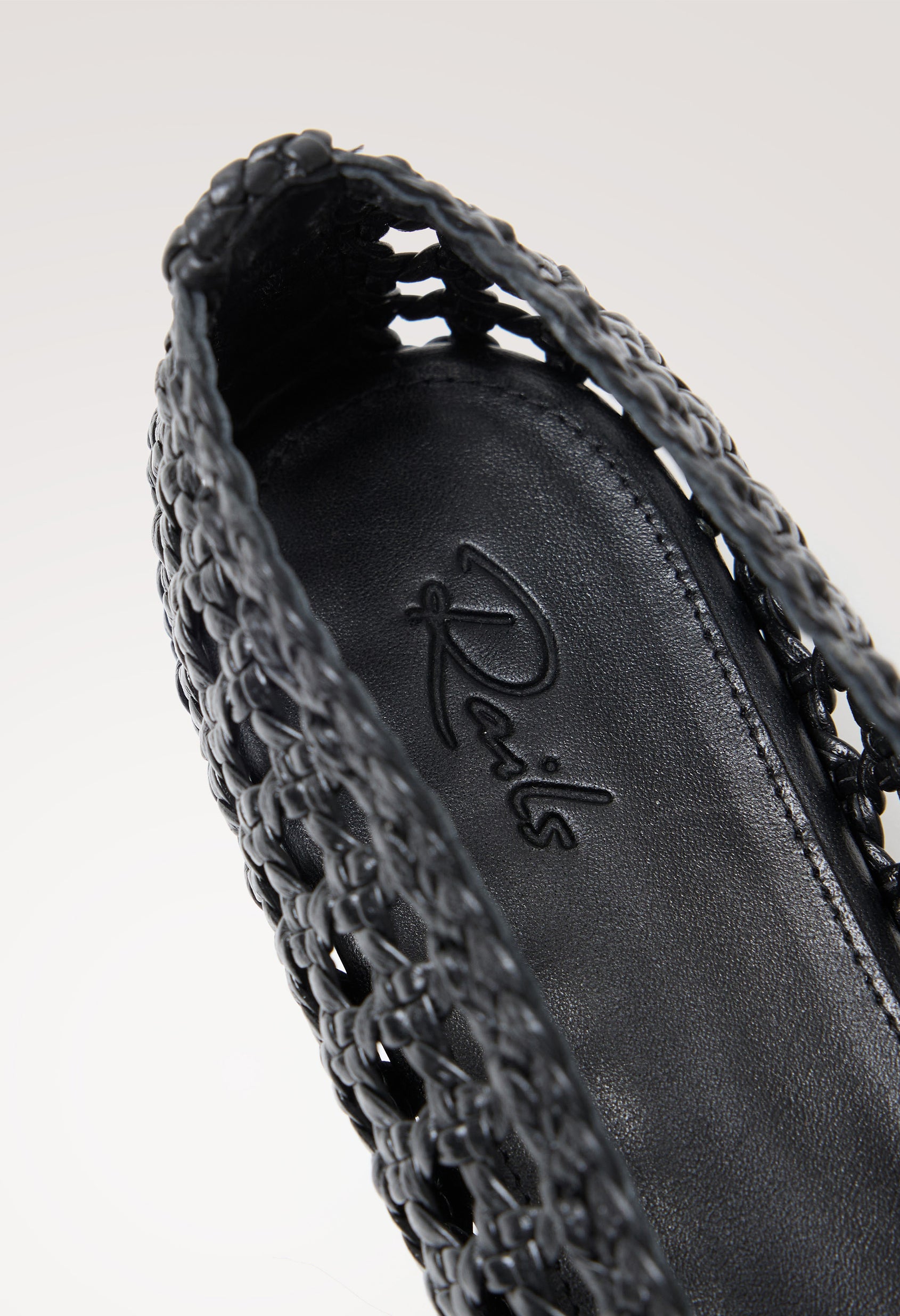 Cortona Ballet Flat in Woven Leather With Square Toe in Black Colorway - Interior Branded Detail View Featured