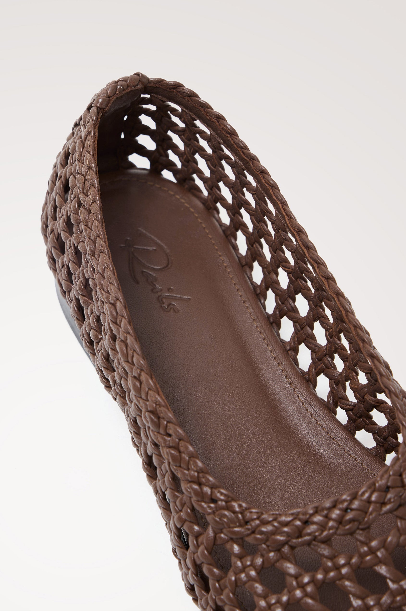 Cortona Ballet Flat in Woven Leather With Square Toe in Dark Brown Colorway - Interior Branded Detail View Featured