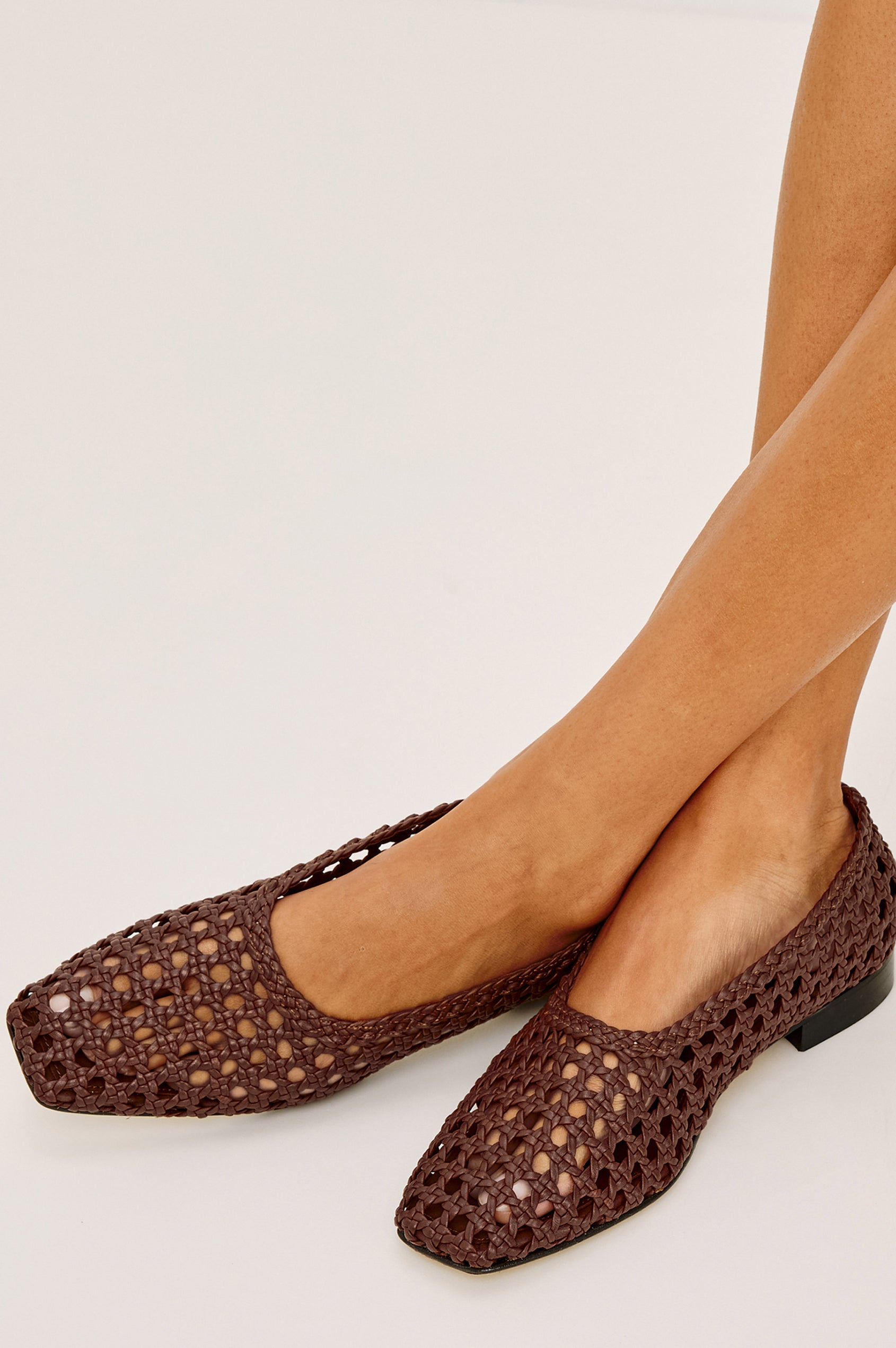 Cortona Ballet Flat in Woven Leather With Square Toe in Dark Brown Colorway - Back View Featured