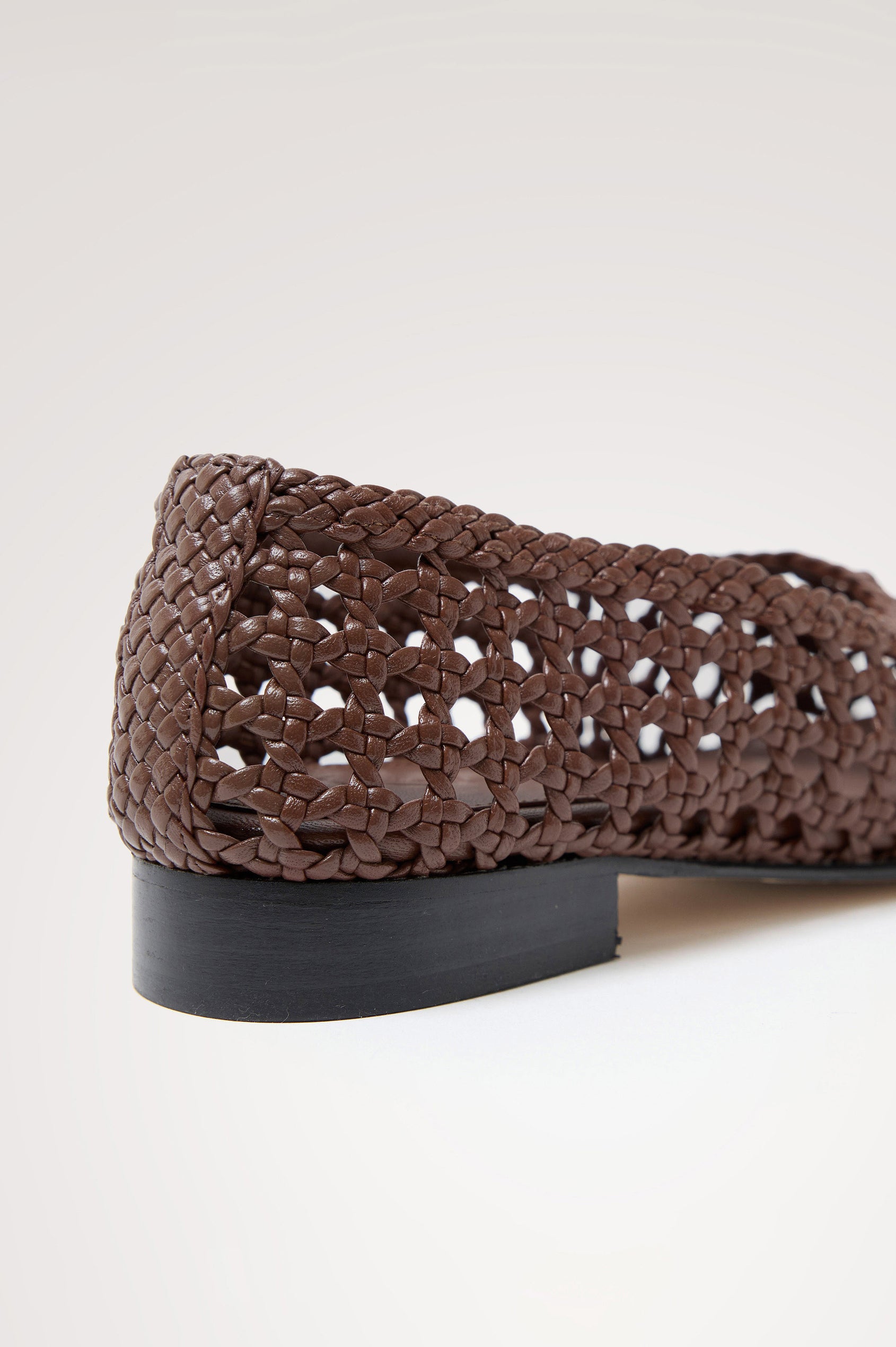 Cortona Ballet Flat in Woven Leather With Square Toe in Dark Brown Colorway - Back View Featured