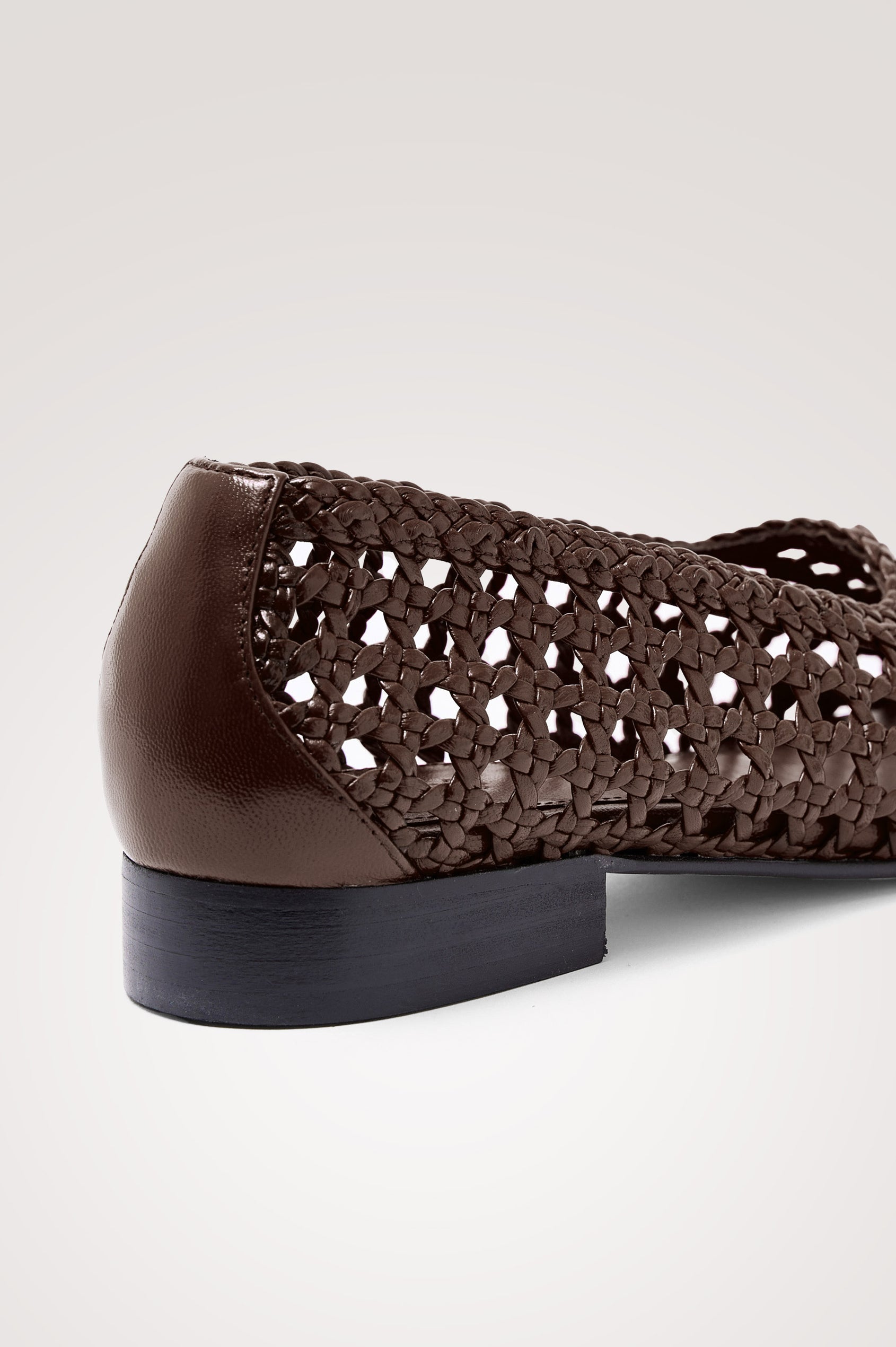 Cortona Ballet Flat in Woven Leather With Square Toe in Dark Brown Colorway - Back View Featured