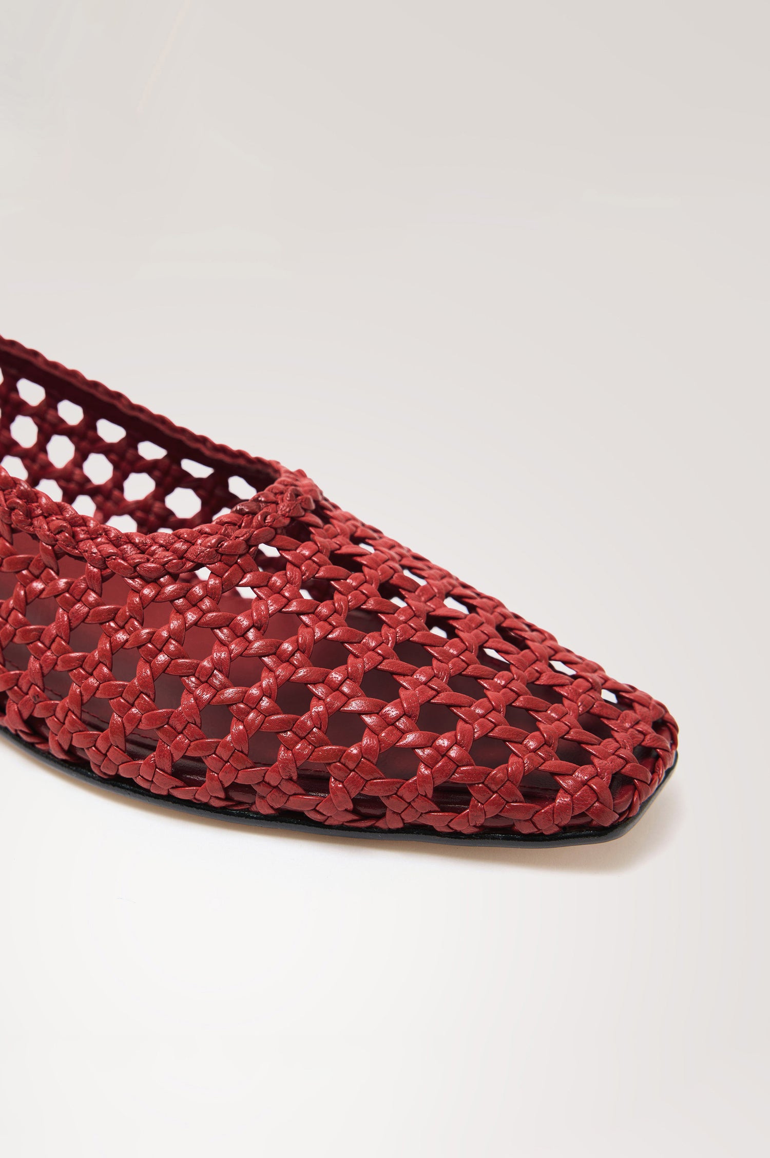 Cortona Ballet Flat in Woven Leather With Square Toe in Tomato Colorway - Side Close Up View Featured