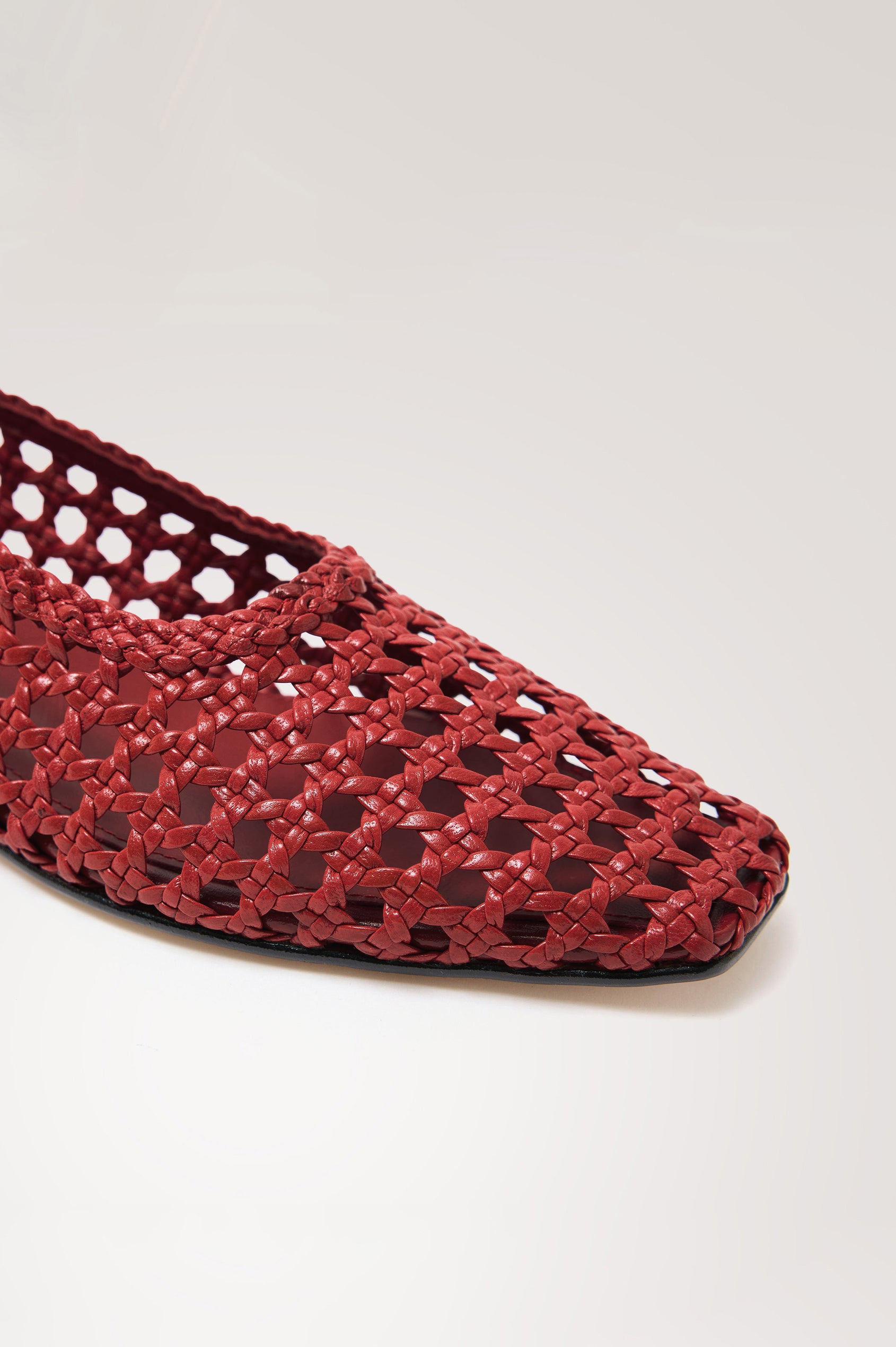 Cortona Ballet Flat in Woven Leather With Square Toe in Tomato Colorway - Side Close Up View Featured