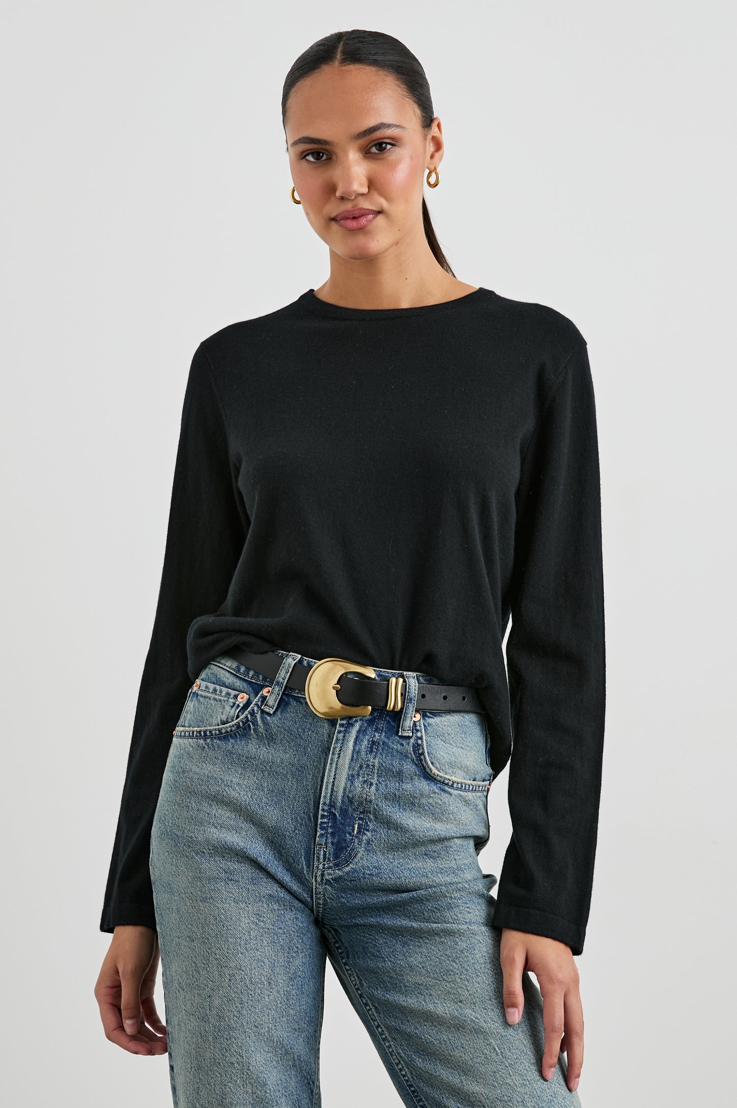 Cotton Cashmere Long Sleeve Tee with Crew Neckline in Black Colorway - Front Tucked View Featured On Model