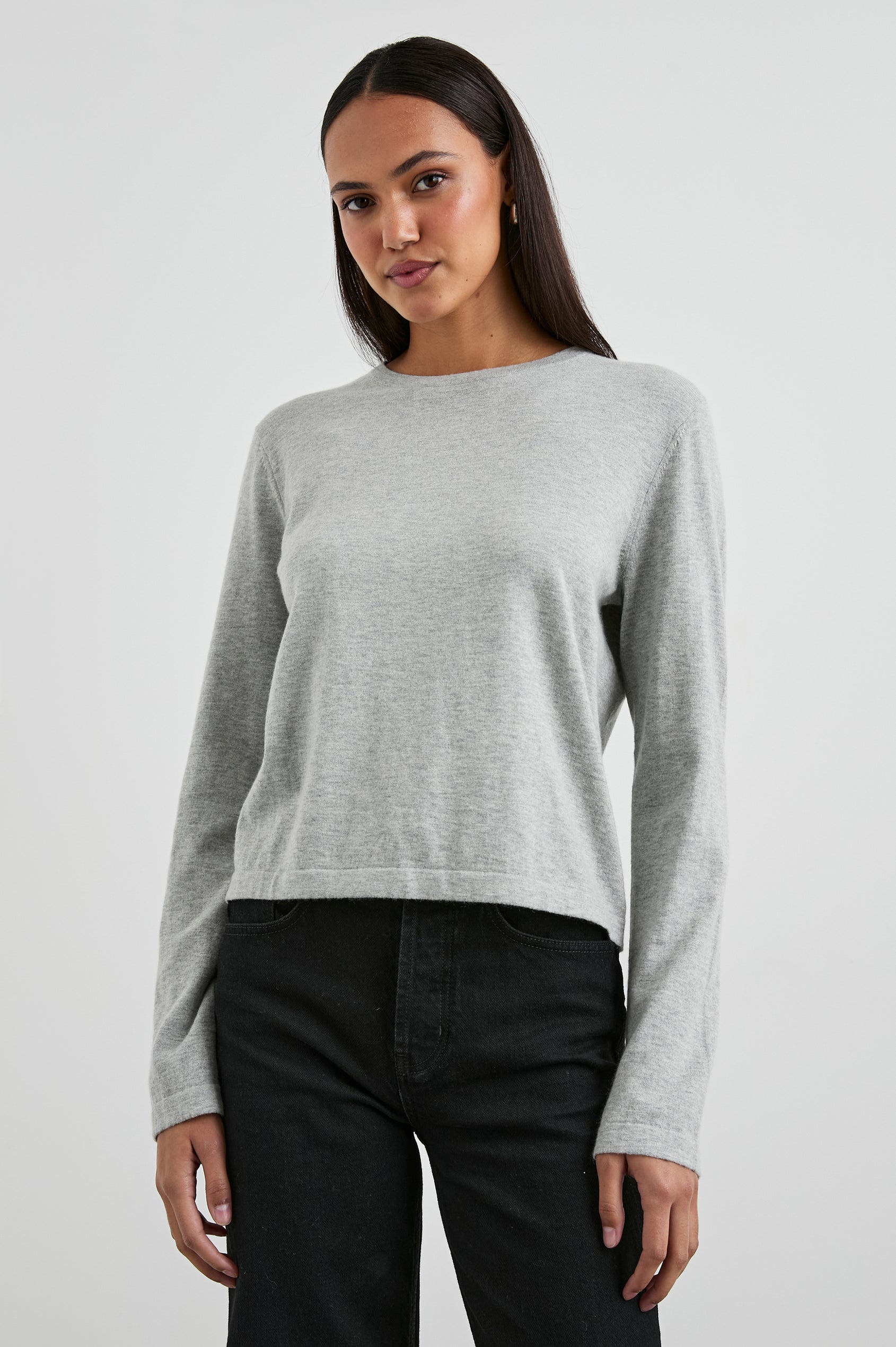 Cotton Cashmere Long Sleeve Tee with Crew Neckline in Heather Grey Colorway - Front View Featured On Model