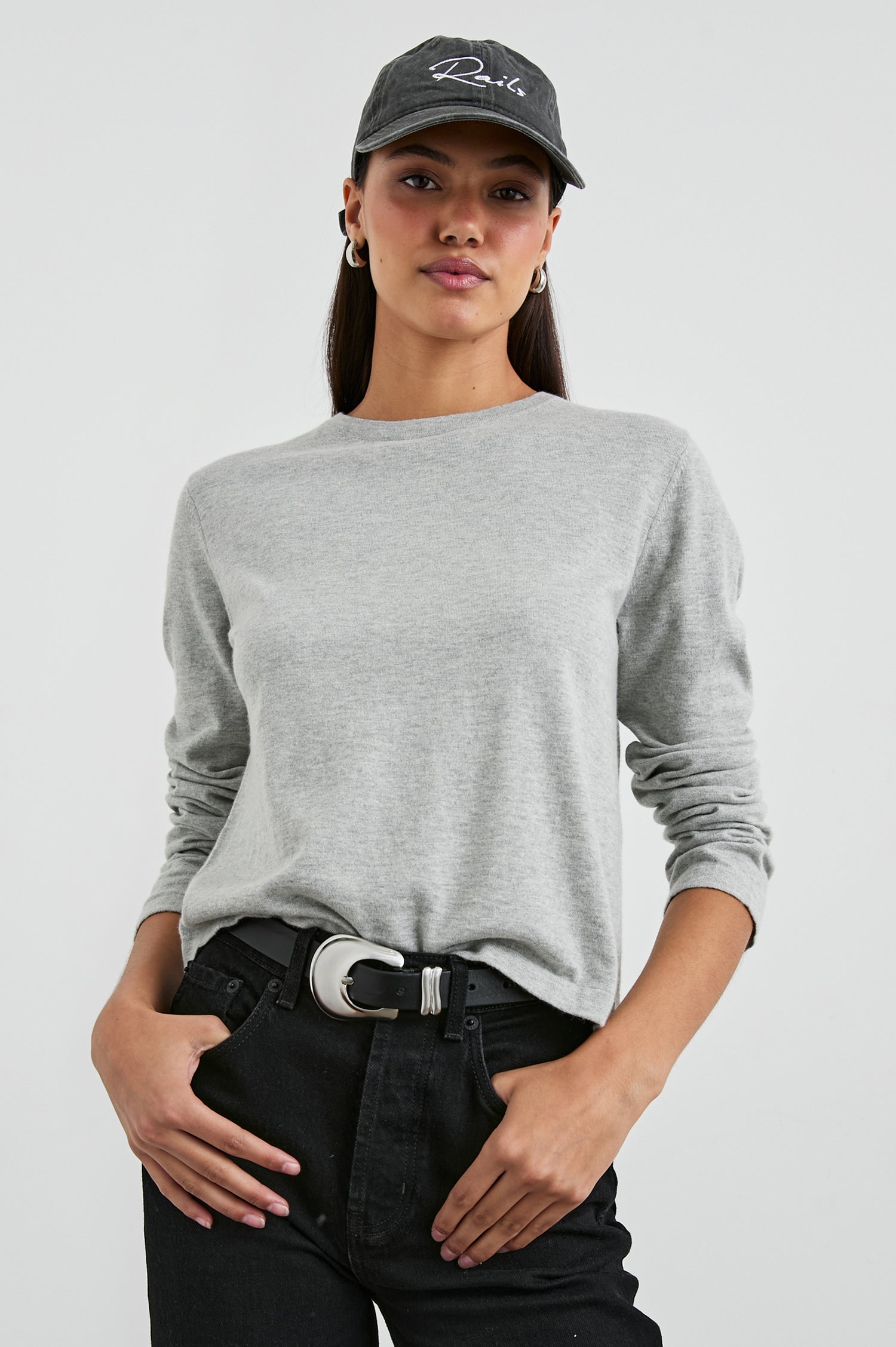 Cotton Cashmere Long Sleeve Tee with Crew Neckline in Heather Grey Colorway - Front Tucked View Featured On Model