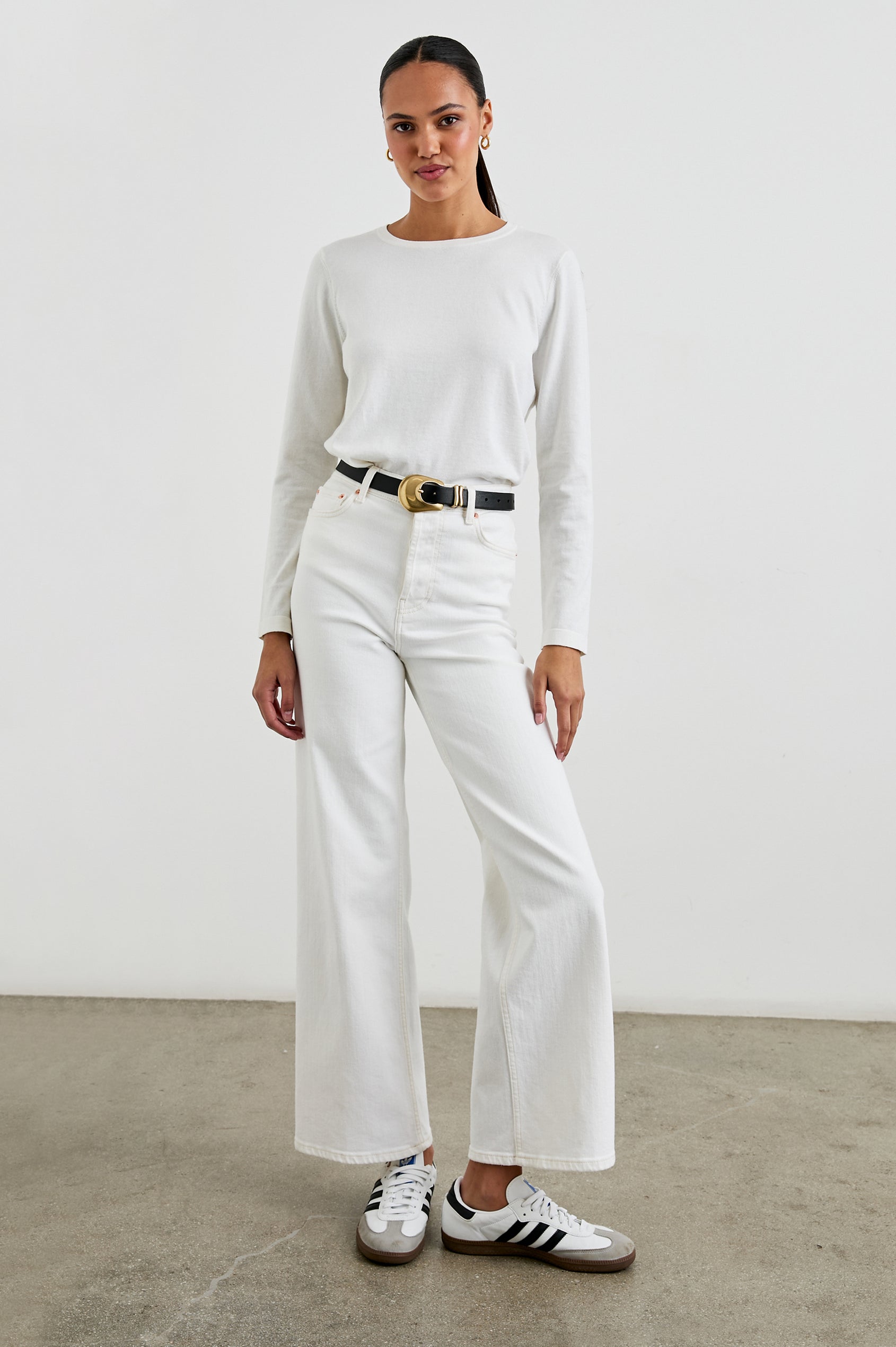 Cotton Cashmere Long Sleeve Tee with Crew Neckline in White Colorway - Front Tucked Full Body View Featured On Model