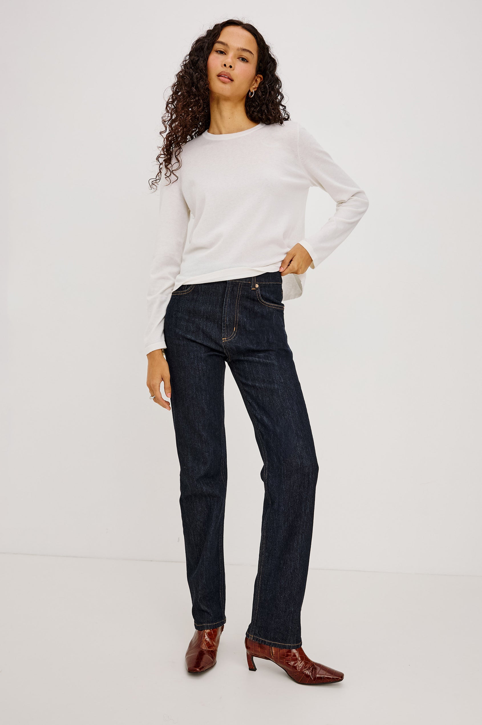 Cotton Cashmere Long Sleeve T-Shirt With Crewneck, Long Sleeve, Slightly Cropped Fit in White Colorway - Full Body Front View Featured on Model