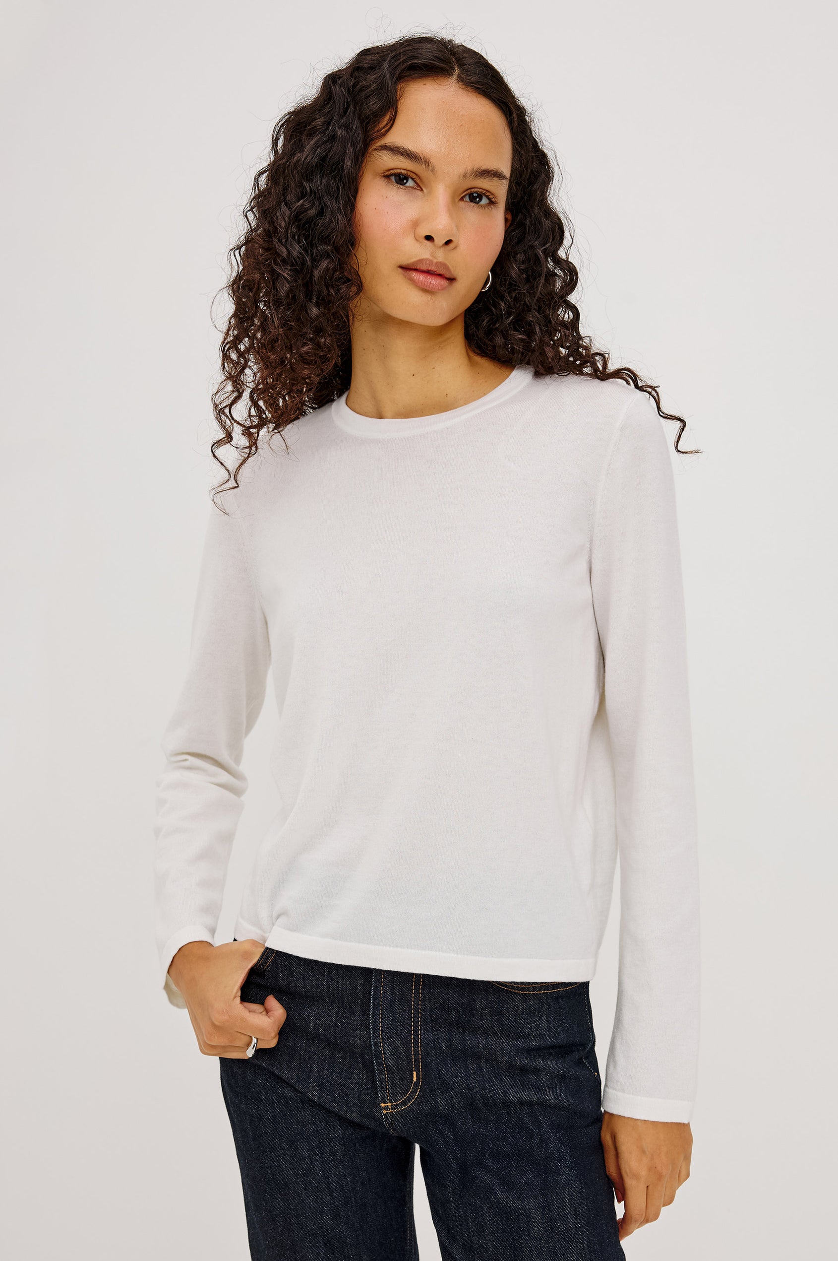 Cotton Cashmere Long Sleeve T-Shirt With Crewneck, Long Sleeve, Slightly Cropped Fit in White Colorway - Upper Body Front View Featured on Model