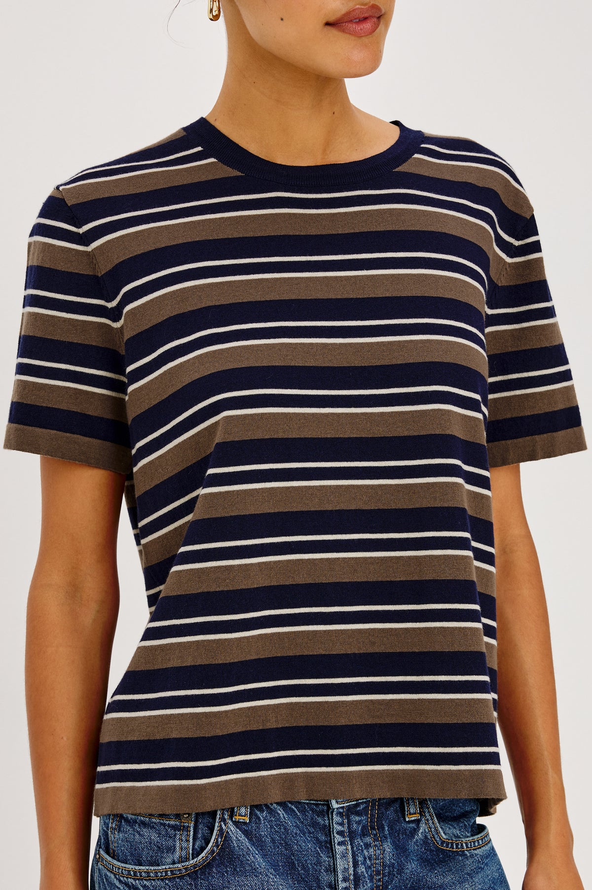 Cotton Cashmere Short Sleeve T-Shirt With Crew Neckline and Relaxed Fit in Navy Cedar Stripe Colorway - Upper Body Front View Featured on Model