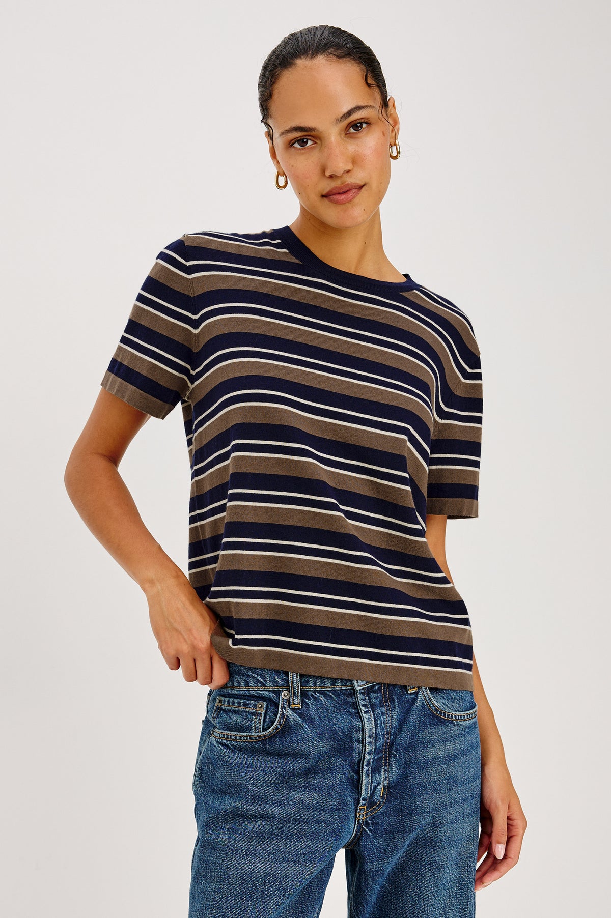 Cotton Cashmere Short Sleeve T-Shirt With Crew Neckline and Relaxed Fit in Navy Cedar Stripe Colorway - Upper Body Front View Featured on Model