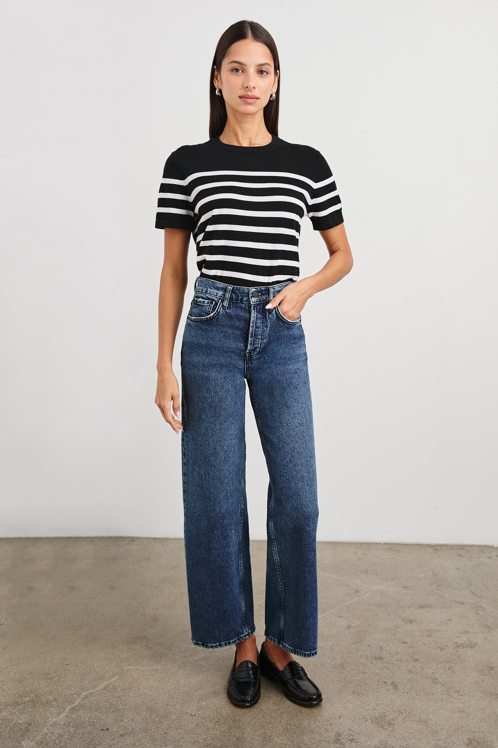 Cotton Cashmere T-shirt with Crew Neckline in Parisian Stripe Colorway with Horizontal Black and White Stripes and Solid Black at the Top - Front Full Body View Featured On Model