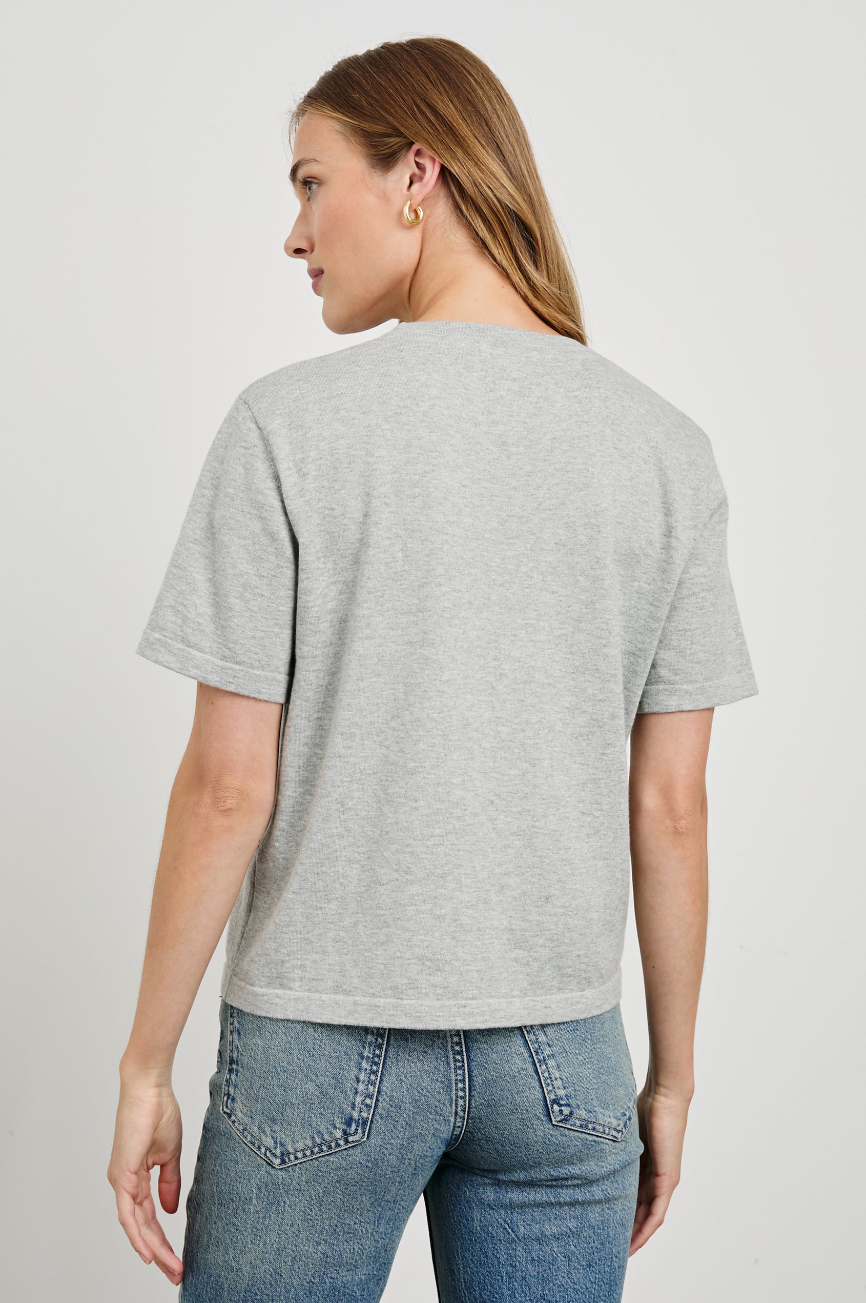 Cotton Cashmere T-shirt with Crew Neckline in Heather Grey Colorway - Back Untucked View Featured On Model