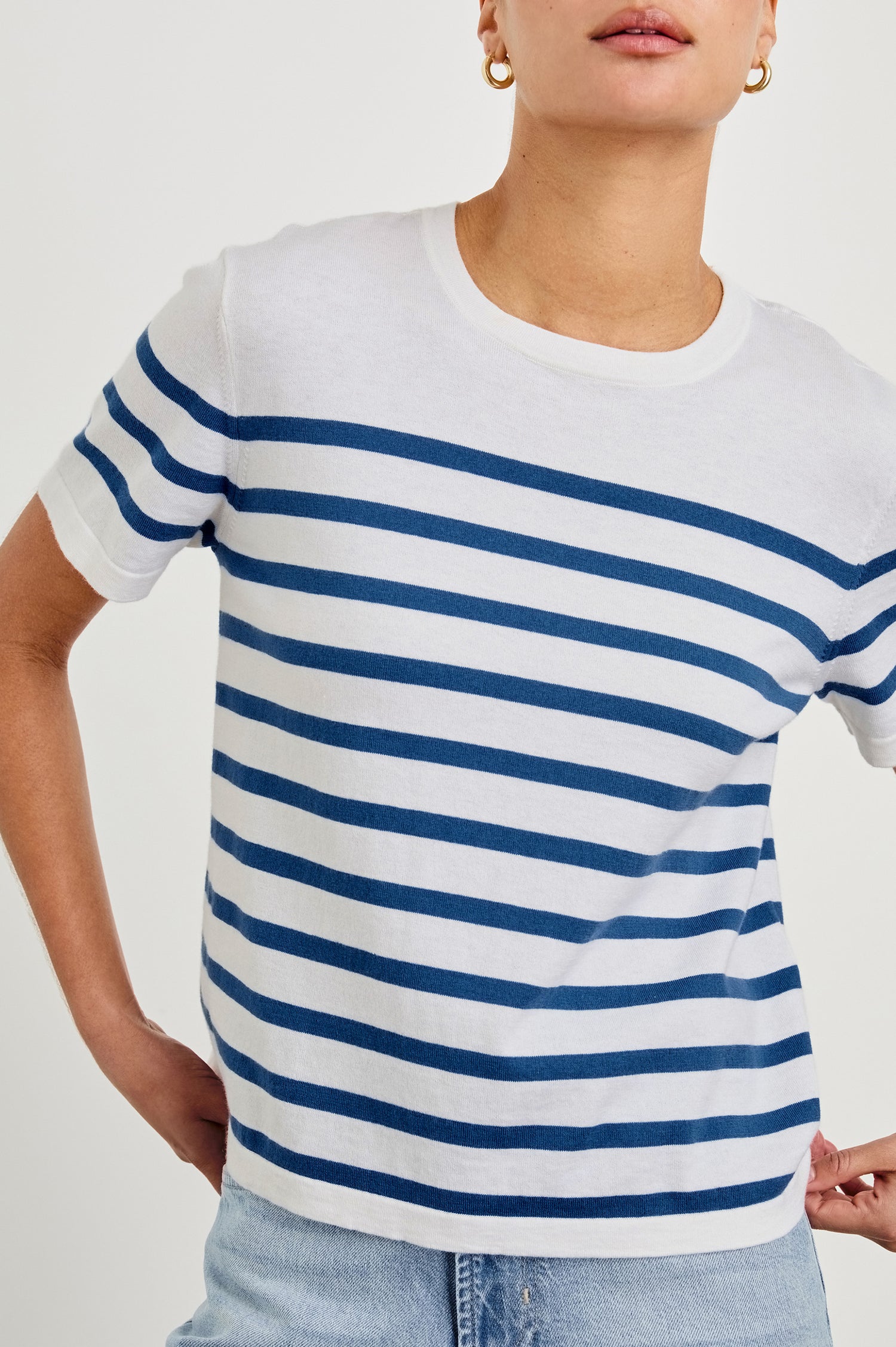 Cotton Cashmere Short Sleeve crew neck T-Shirt in Sailor Stripe - close up of details on model