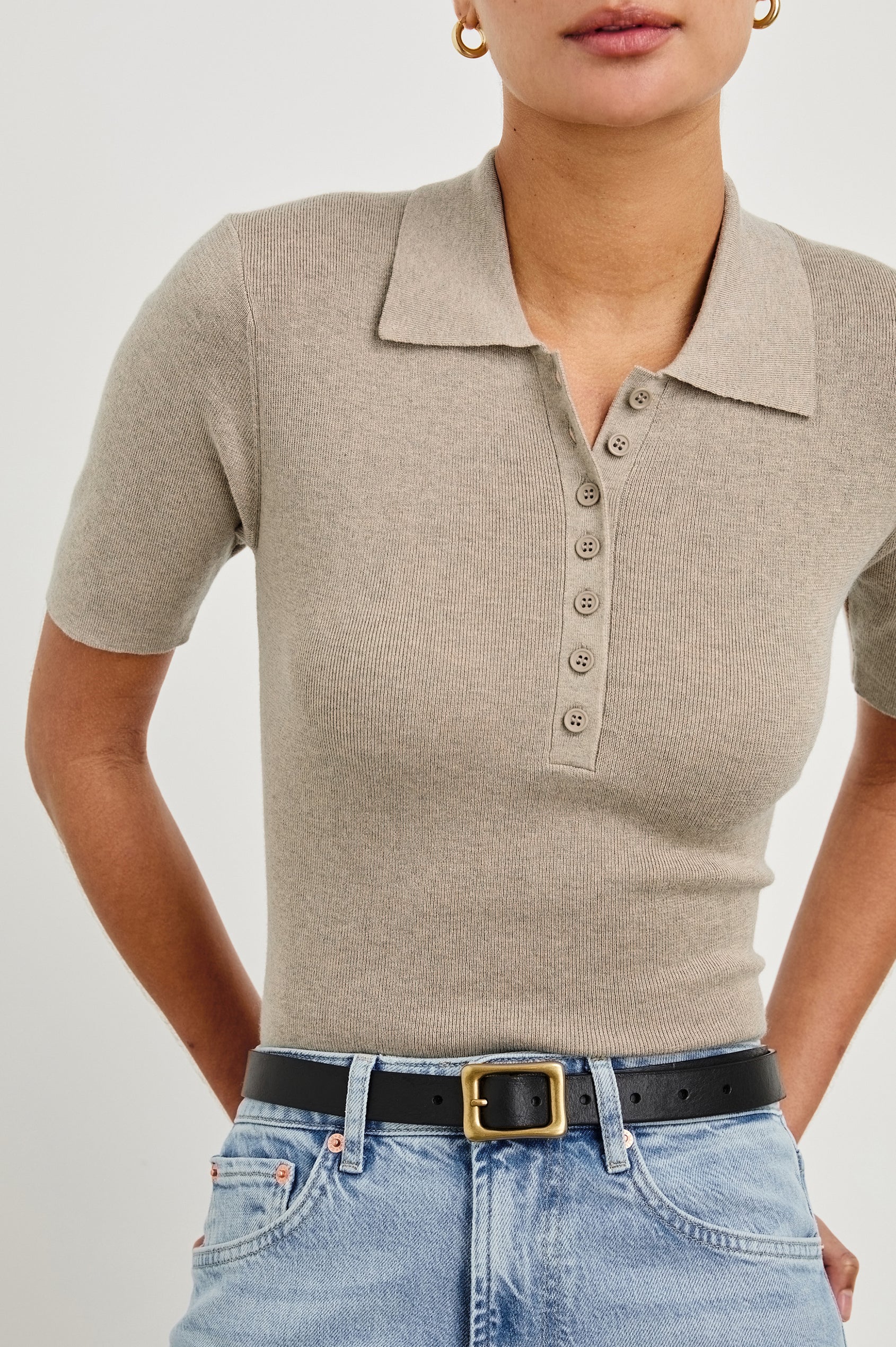 Court Polo Ribbed Knit Short Sleeve Top In Colorway Heather Oat - close up of details on model