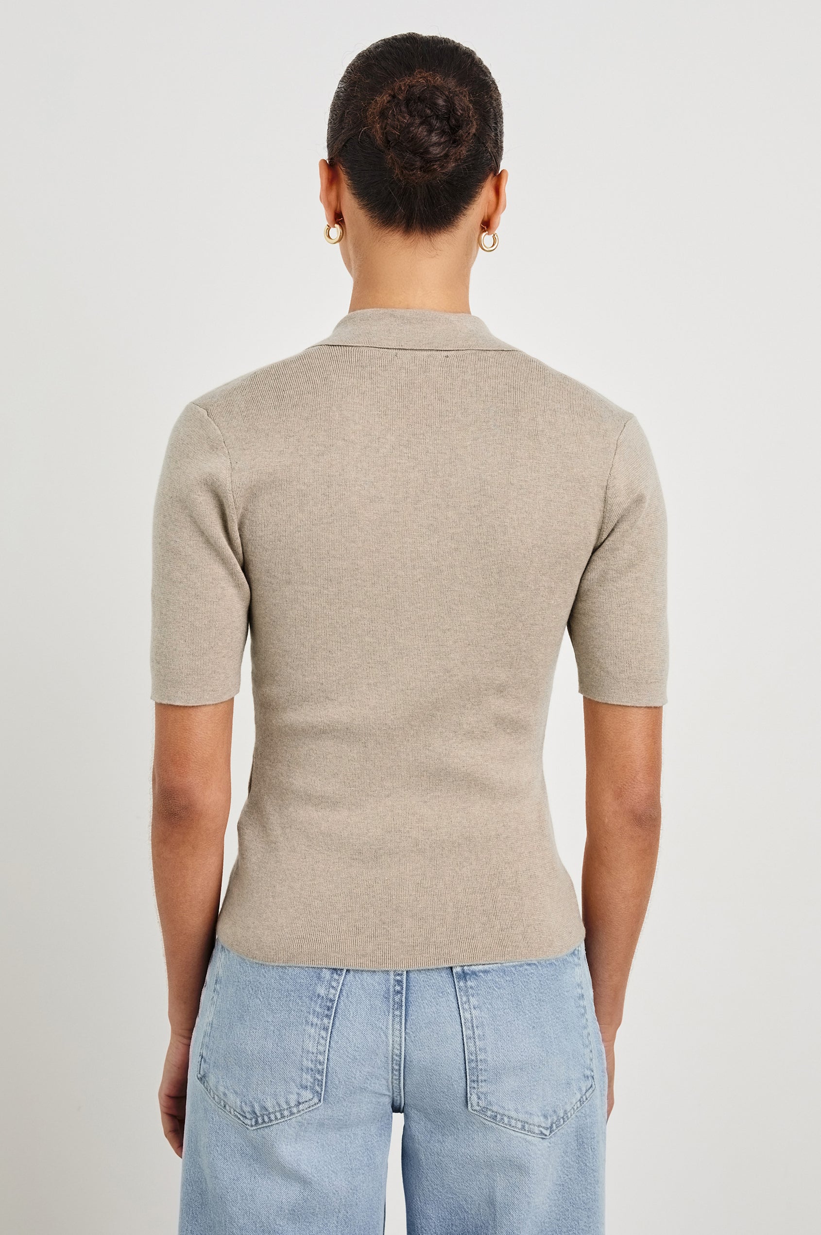 Court Polo Ribbed Knit Short Sleeve Top In Colorway Heather Oat - back view on model