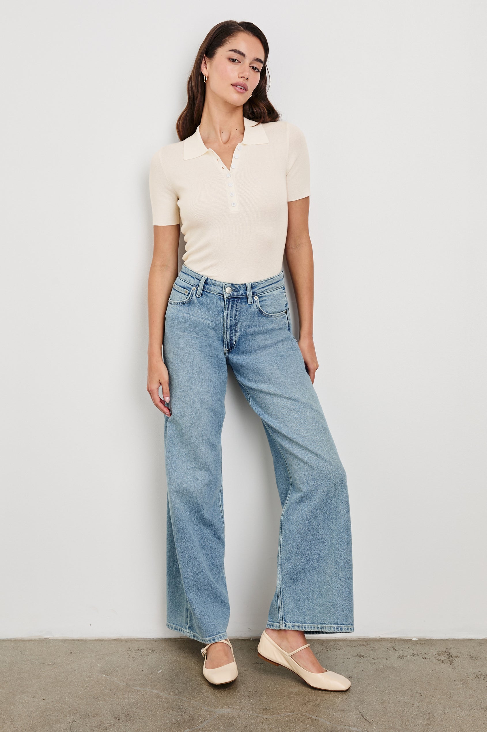 Court Polo Ribbed Knit Short Sleeve Top In Colorway White - Full Front Body View Featured On Model