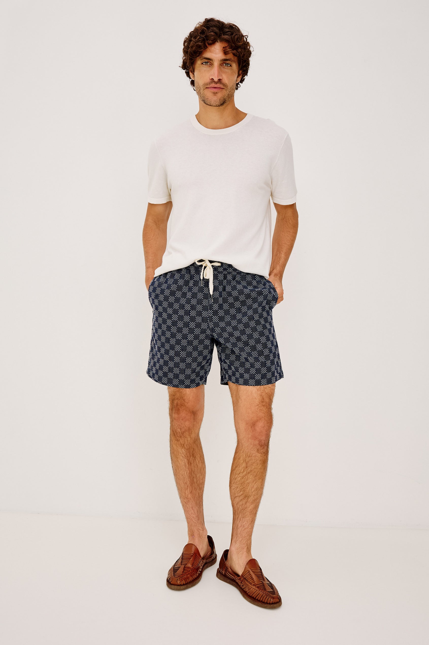 Cruz Short in Stretch Cotton With Drawstring Waist Ties, Relaxed Fit, and Side Pockets in Washed Black Colorway - Full Body Front View Featured on Model