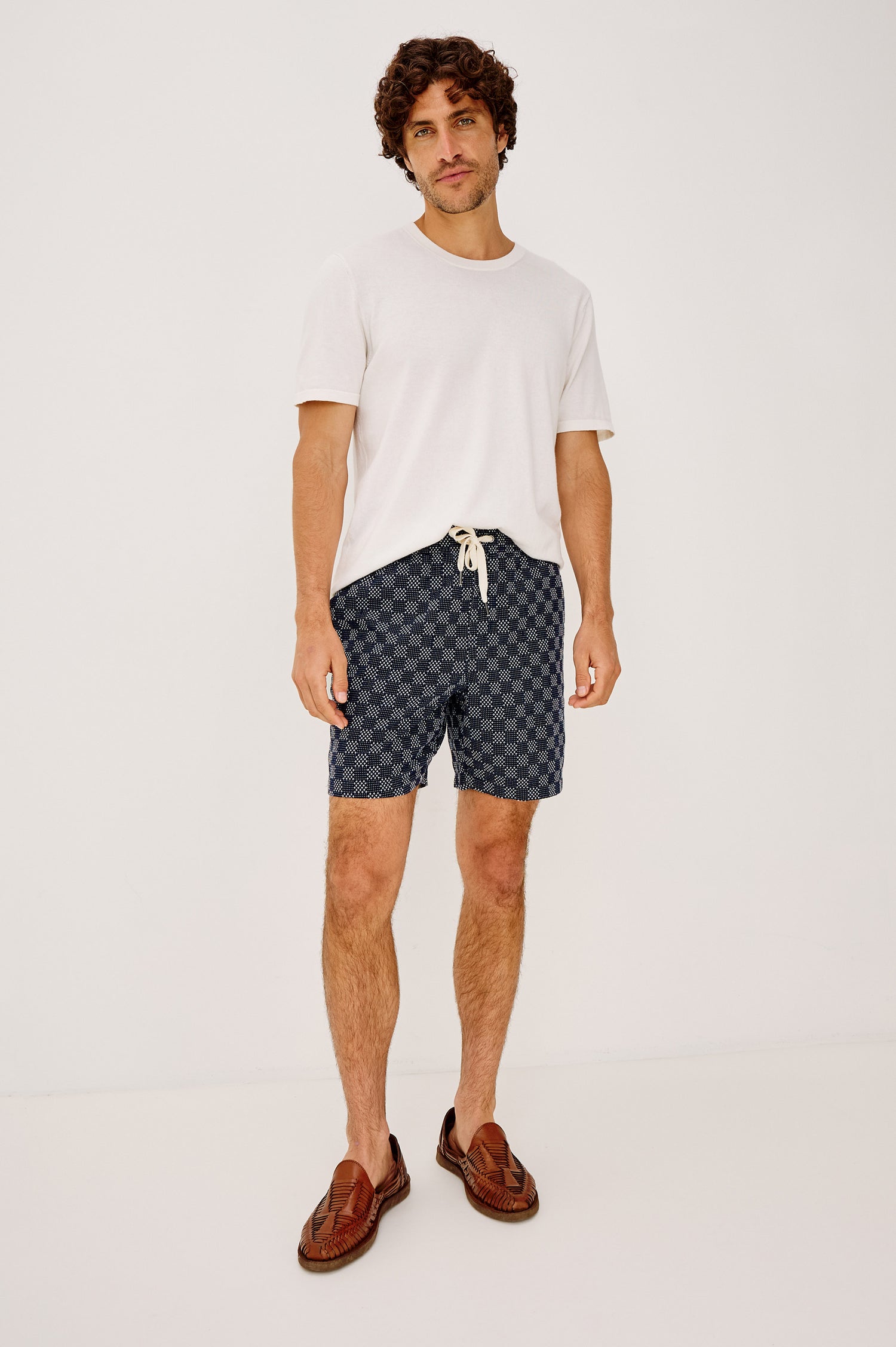 Kin Shirt in Textured Dobby Cotton With Camp Collar, Front Buttons, and Relaxed, Boxy Fit in Navy Sashiko Colorway - Full Body Front View Featured on Model