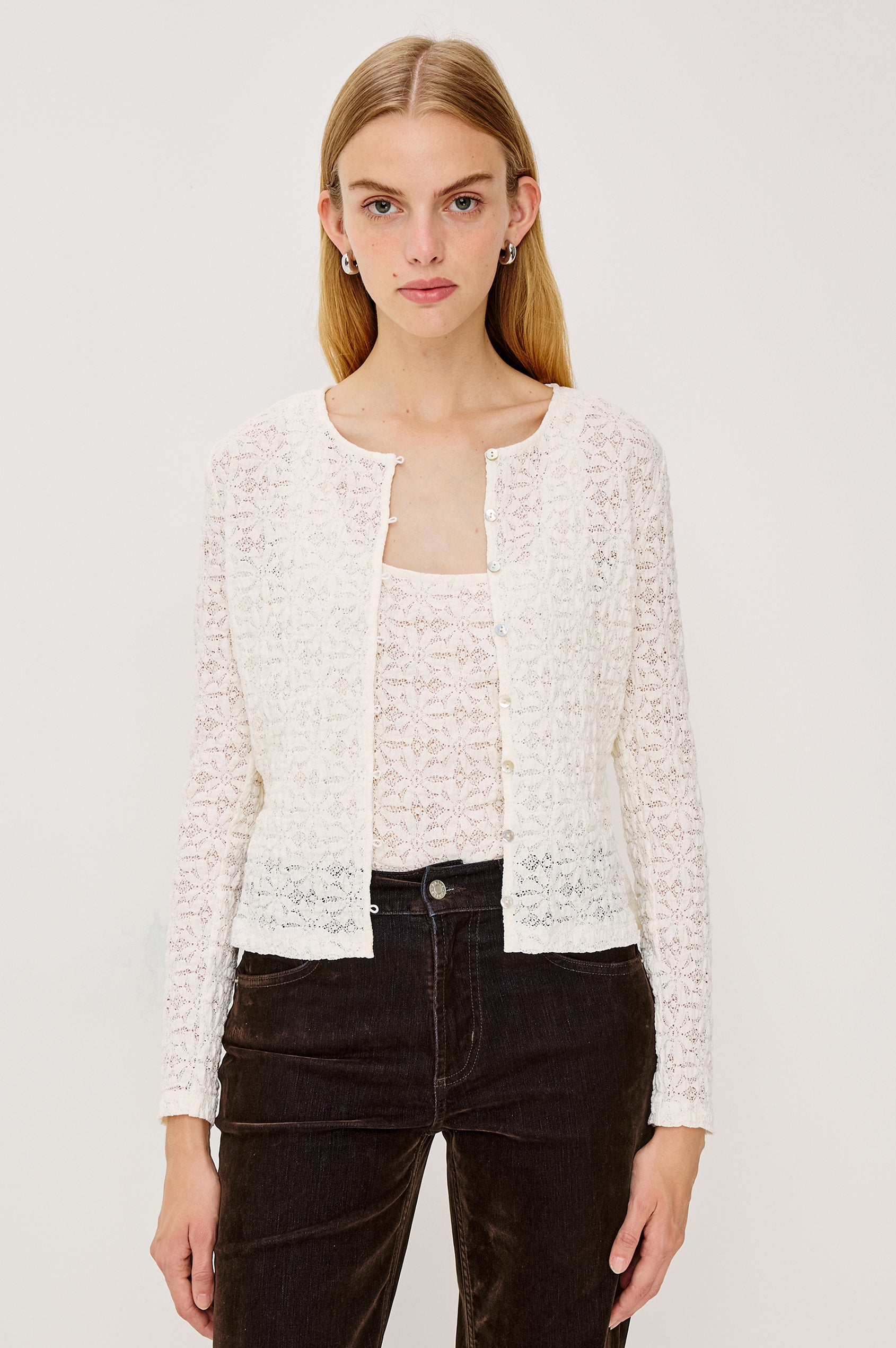 Cyrah is a long sleeve button front lace cardigan in Ivory colorway. Front view of model featured.