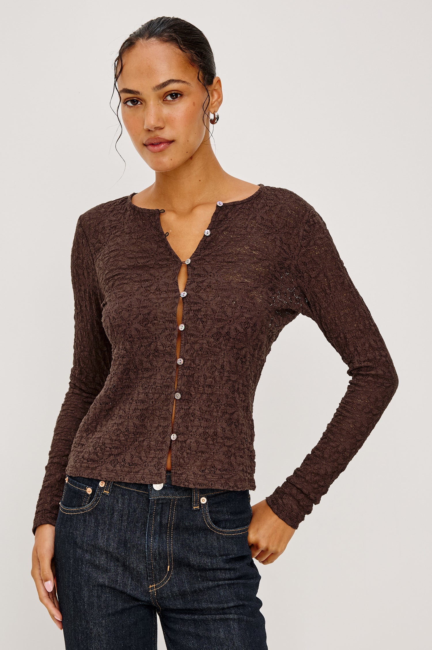 Cyrah Cardigan in Sheer Stretch Lace With Fitted Long Sleeves, and Front Button-and-Loop Closures in Walnut Colorway - Upper Body Front View Featured on Model