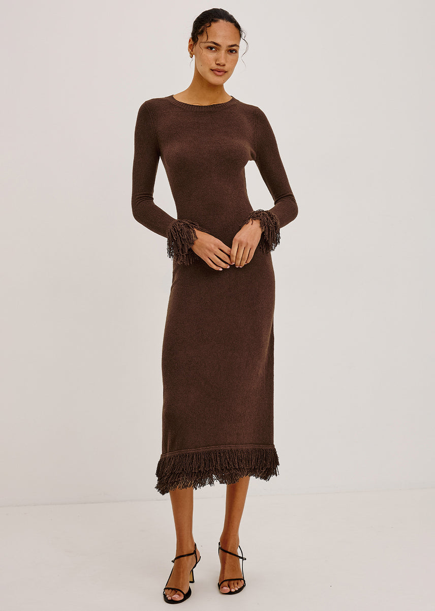 A woman modeling a long-sleeve brown knit midi dress with fringe detailing on the cuffs and hem, paired with black strappy heels against a plain light gray studio background.