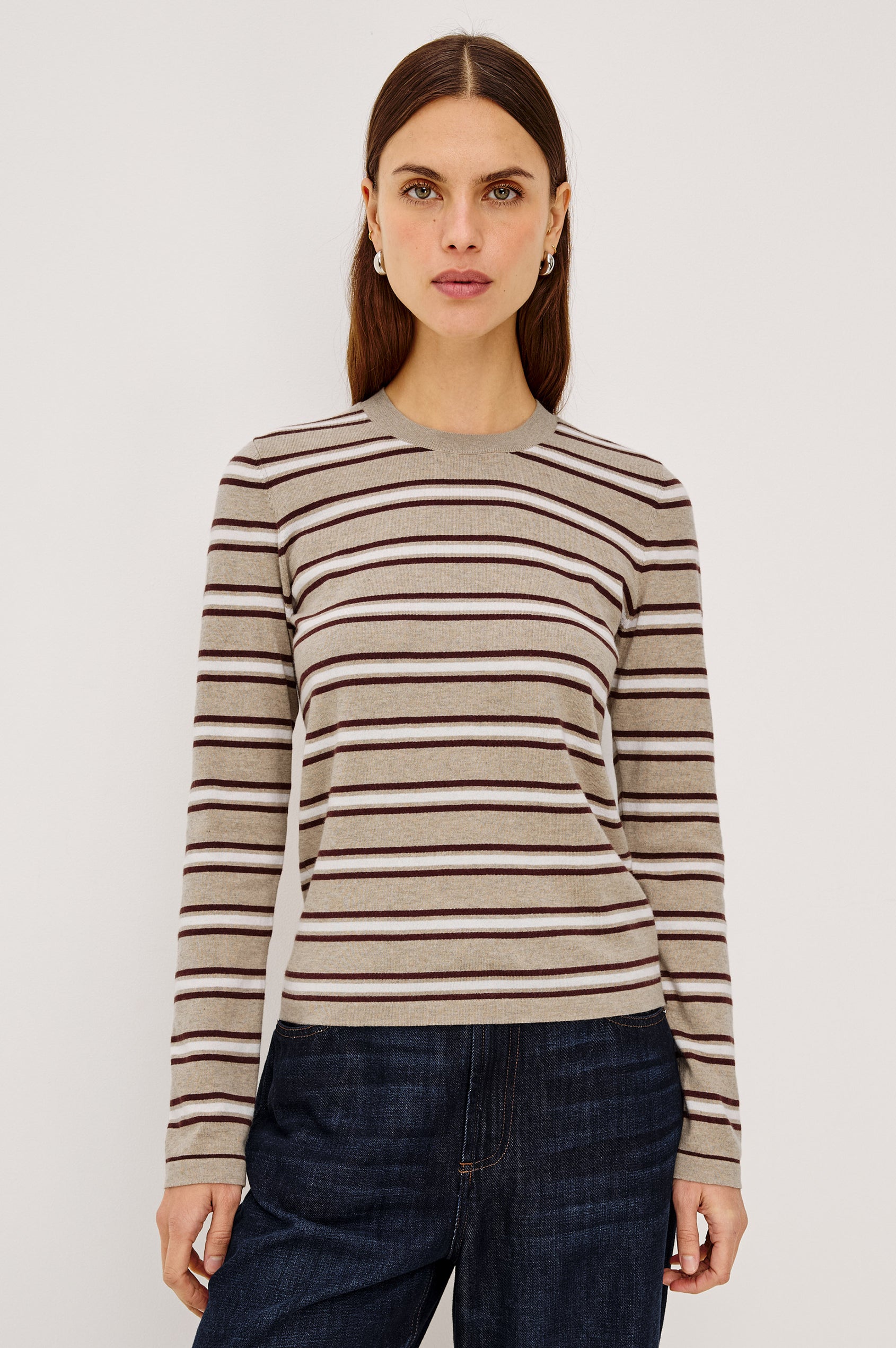 Davie Top in Cotton-Cashmere Blend With Slim Fit, Ribbed Crew Neck, Cuffs, and Hem, and Long Sleeves in Heather Oat Stripe Colorway - Upper Body Front View Featured on Model