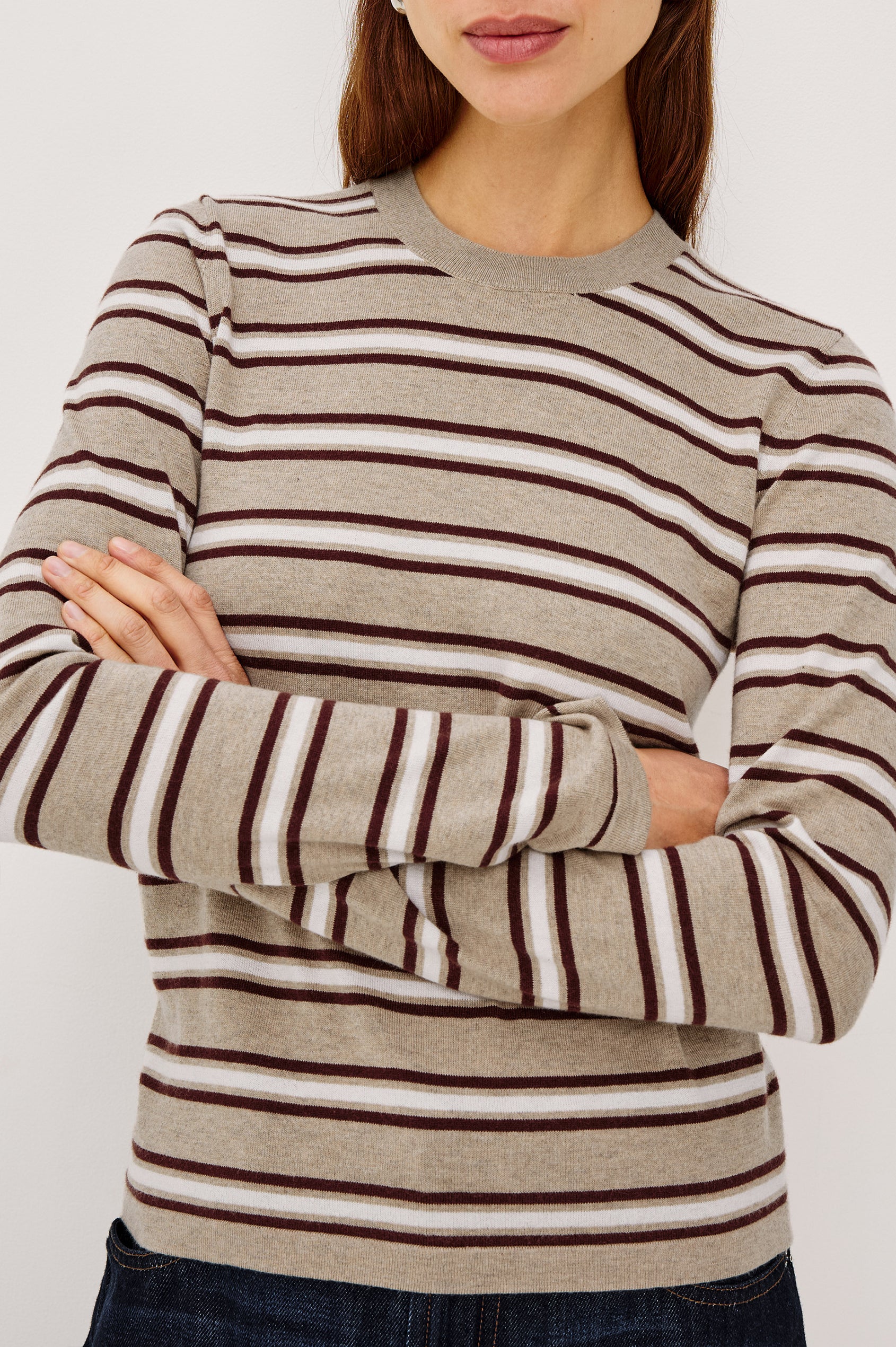 Davie Top in Cotton-Cashmere Blend With Slim Fit, Ribbed Crew Neck, Cuffs, and Hem, and Long Sleeves in Heather Oat Stripe Colorway - Upper Body Front View Featured on Model