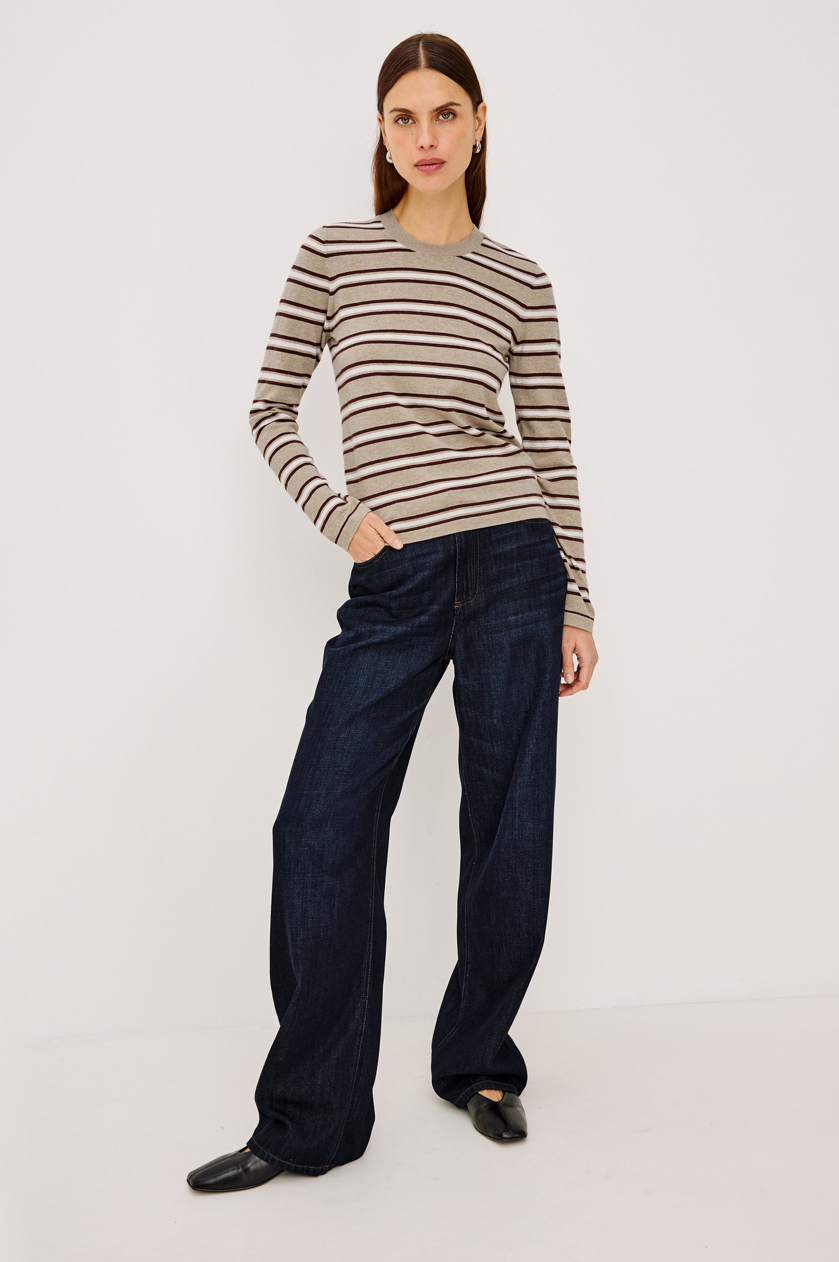 Davie Top in Cotton-Cashmere Blend With Slim Fit, Ribbed Crew Neck, Cuffs, and Hem, and Long Sleeves in Heather Oat Stripe Colorway - Full Body Front View Featured on Model